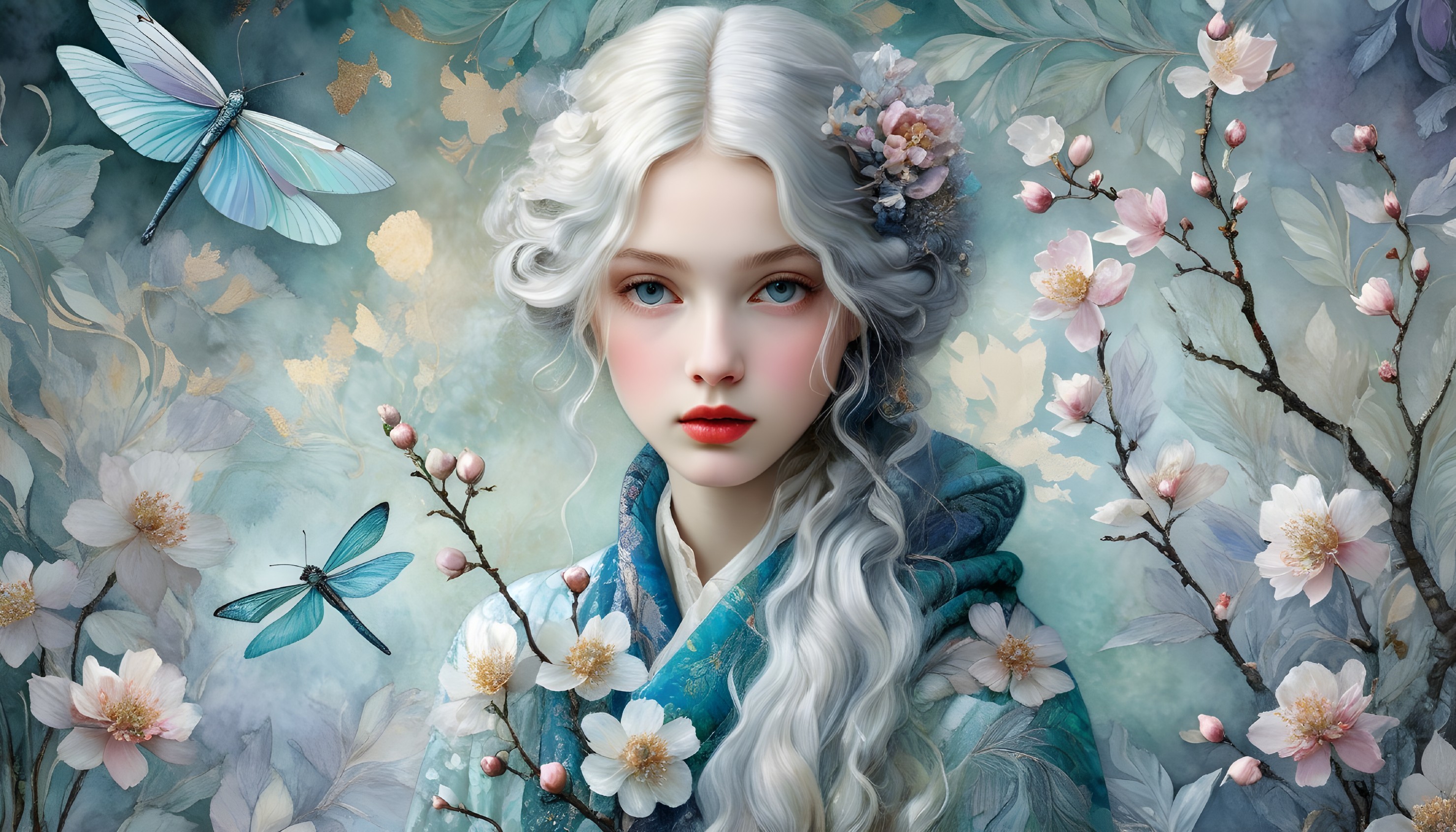 Portrait of a Young Woman with White Hair and Flowers