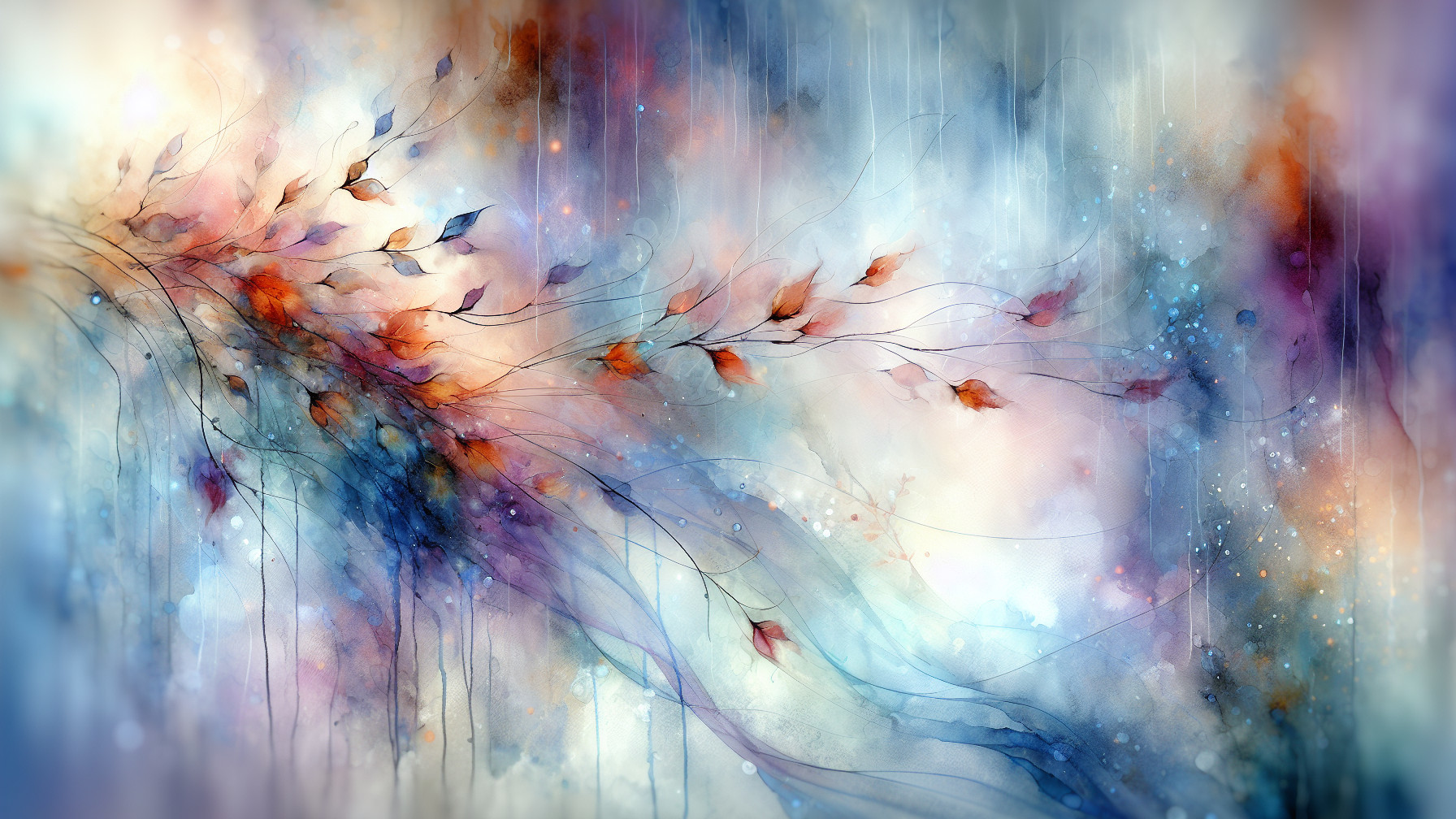 Abstract Watercolor with Swirling Patterns and Leaves