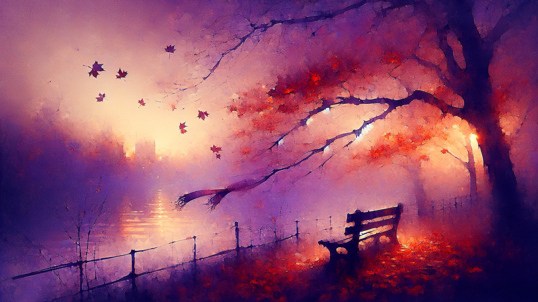 Autumn Scene with Bench Under Colorful Tree