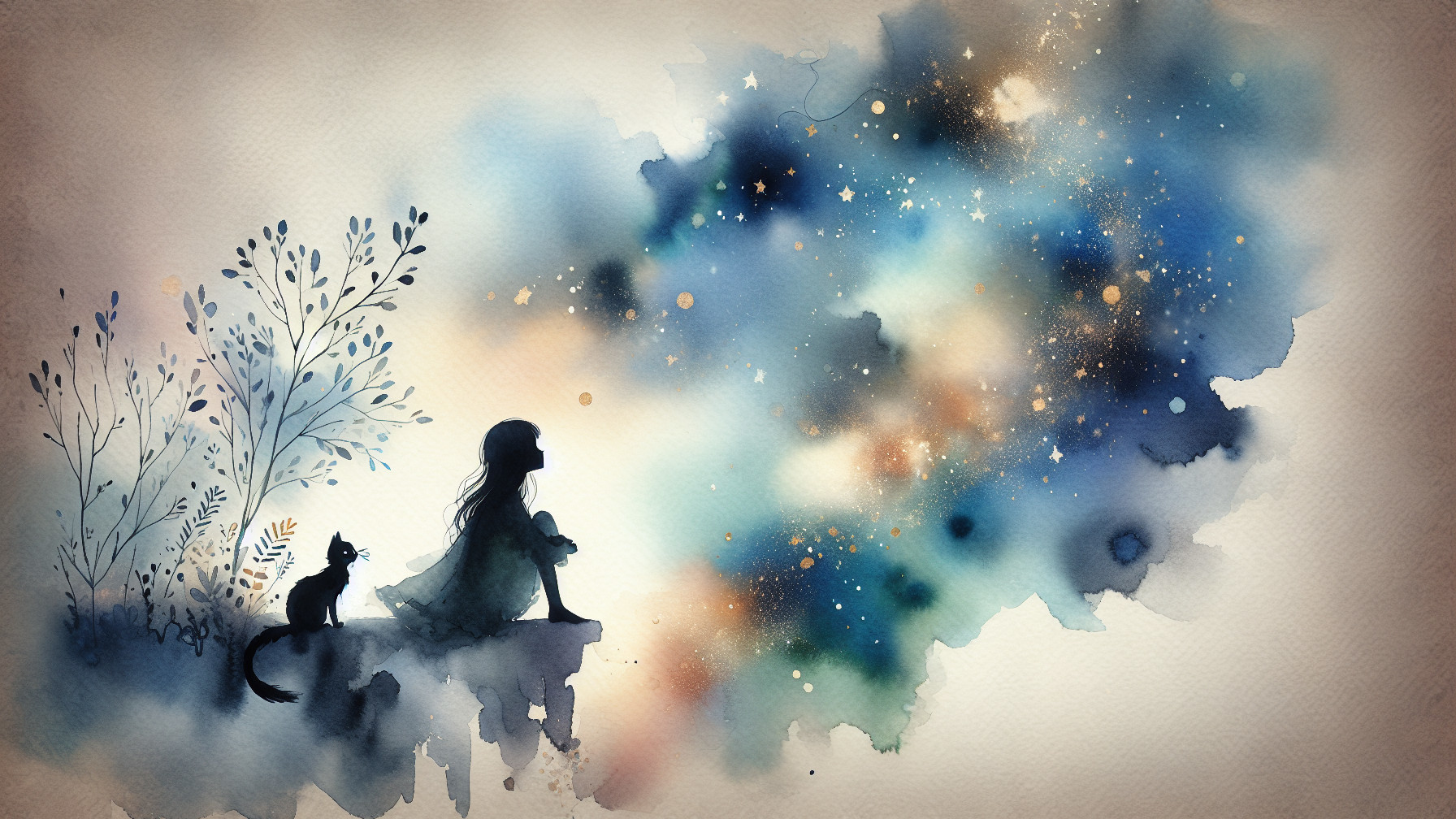 Watercolor Illustration of a Girl and Cat Under Stars