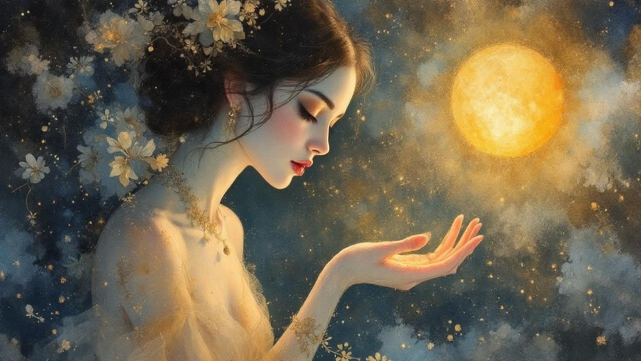 Serene Woman Gazing at Glowing Moon and Flowers