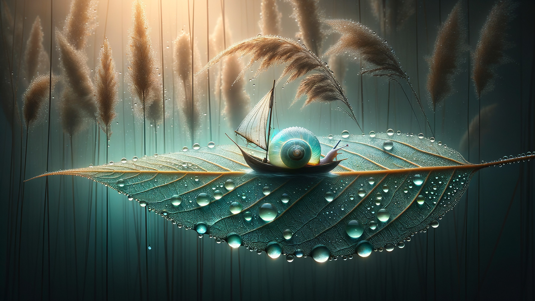 Ornate Leaf Sailboat on Droplets with Snail Shell