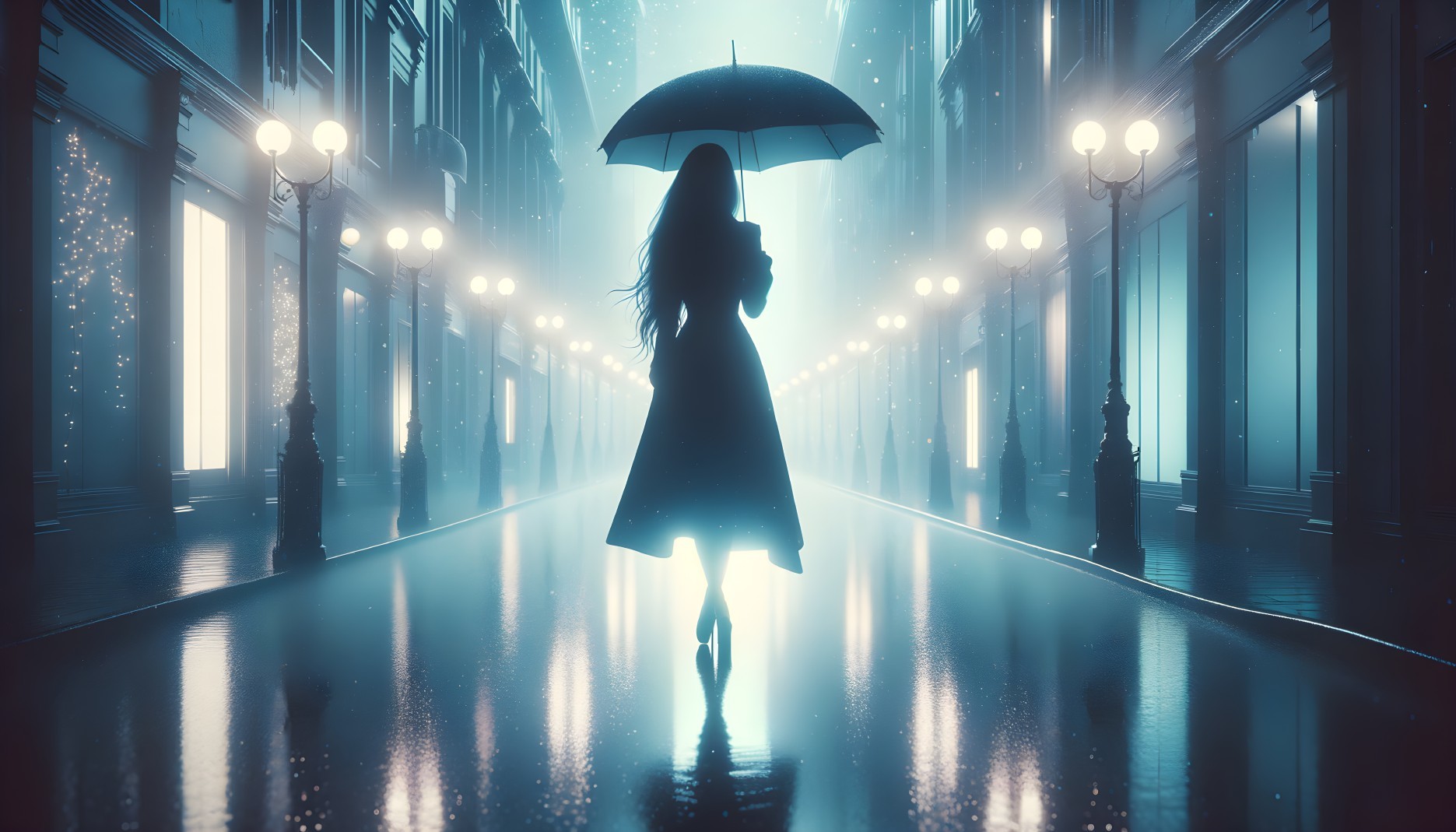 Mysterious Figure in Foggy Reflective Alley Scene