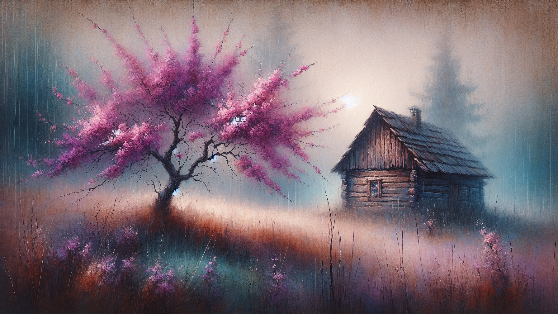 Serene Landscape with Cabin and Pink Blossom Tree