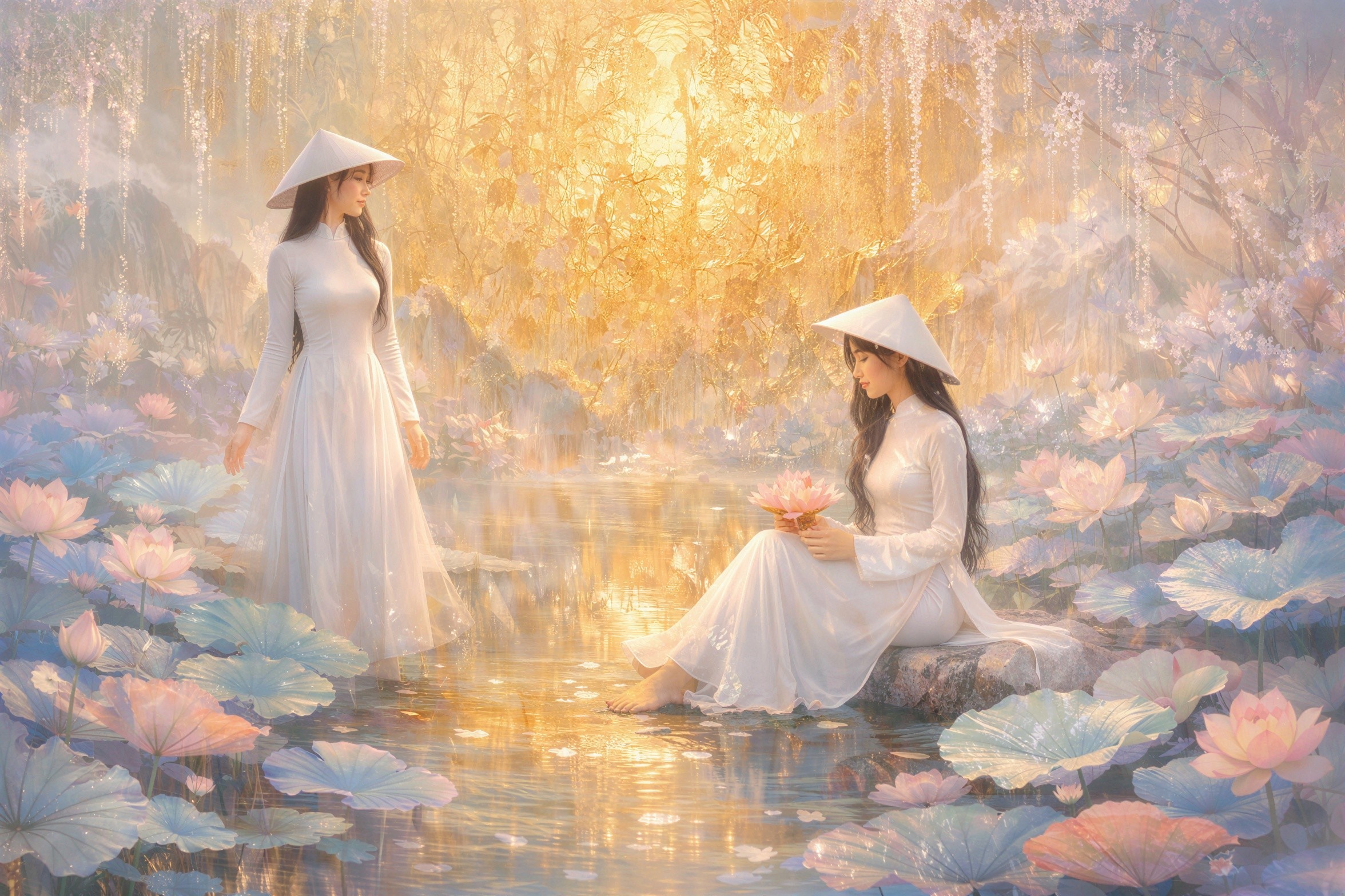 Women in Traditional Attire Among Lotus Flowers and Water