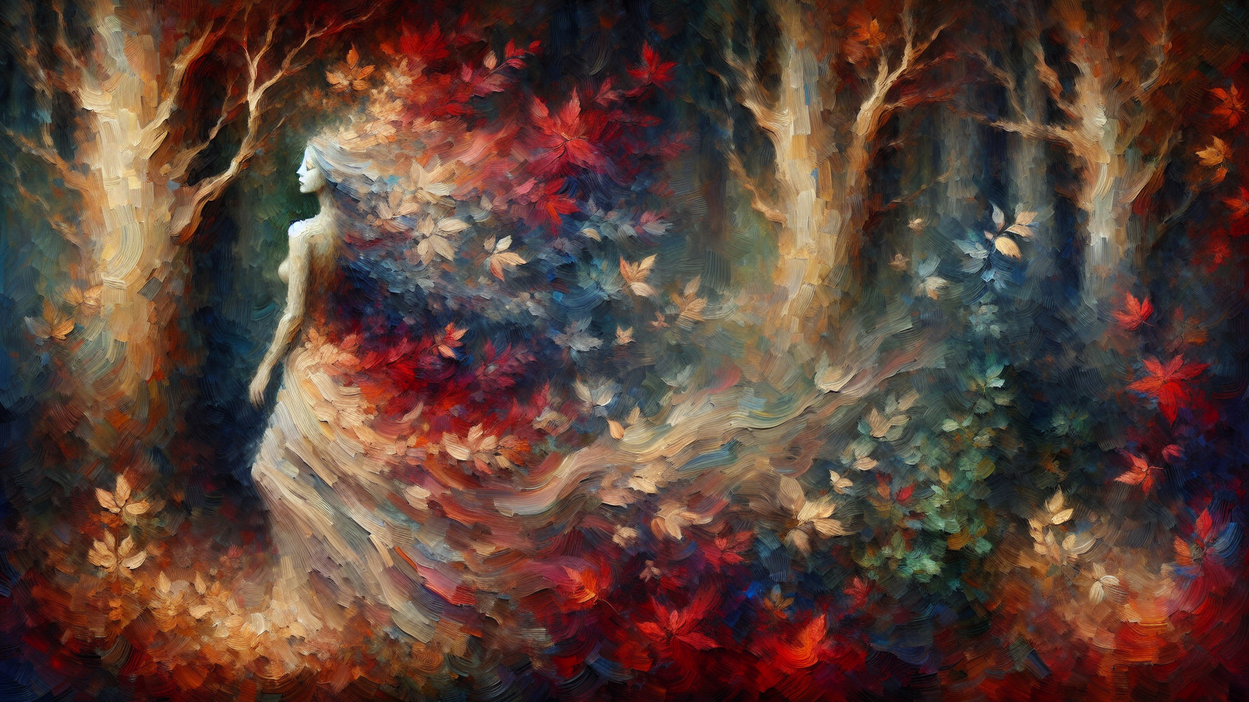 Abstract Landscape with Ethereal Figure and Autumn Leaves