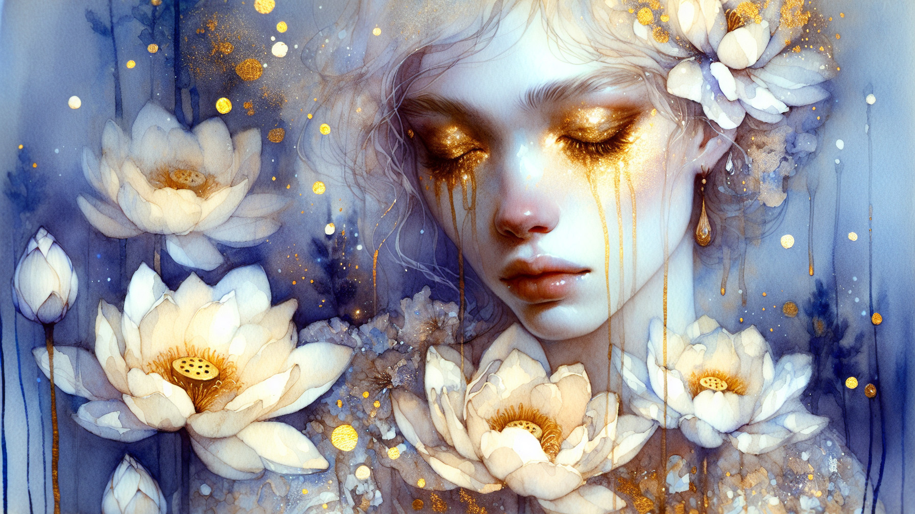 Serene figure with lotus flowers and golden tears
