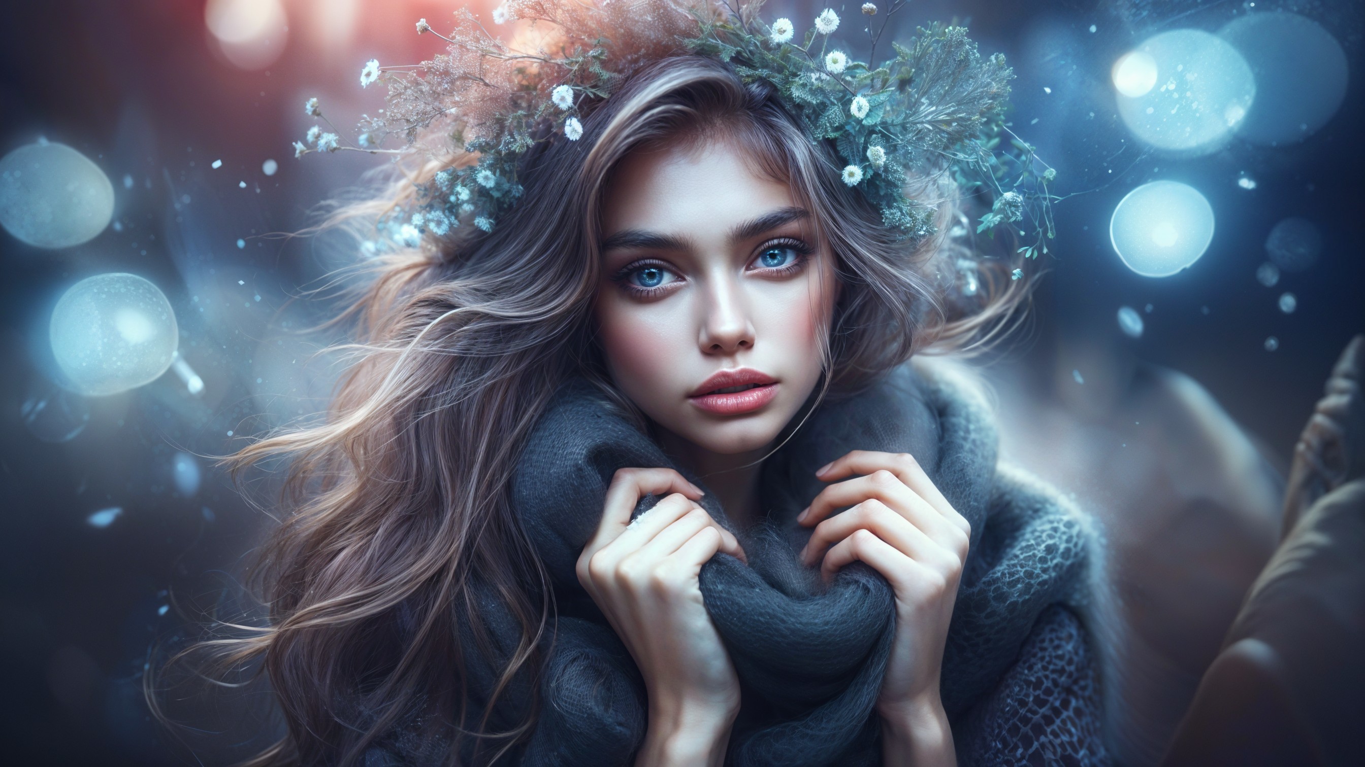 Young woman with blue eyes and floral crown in soft light