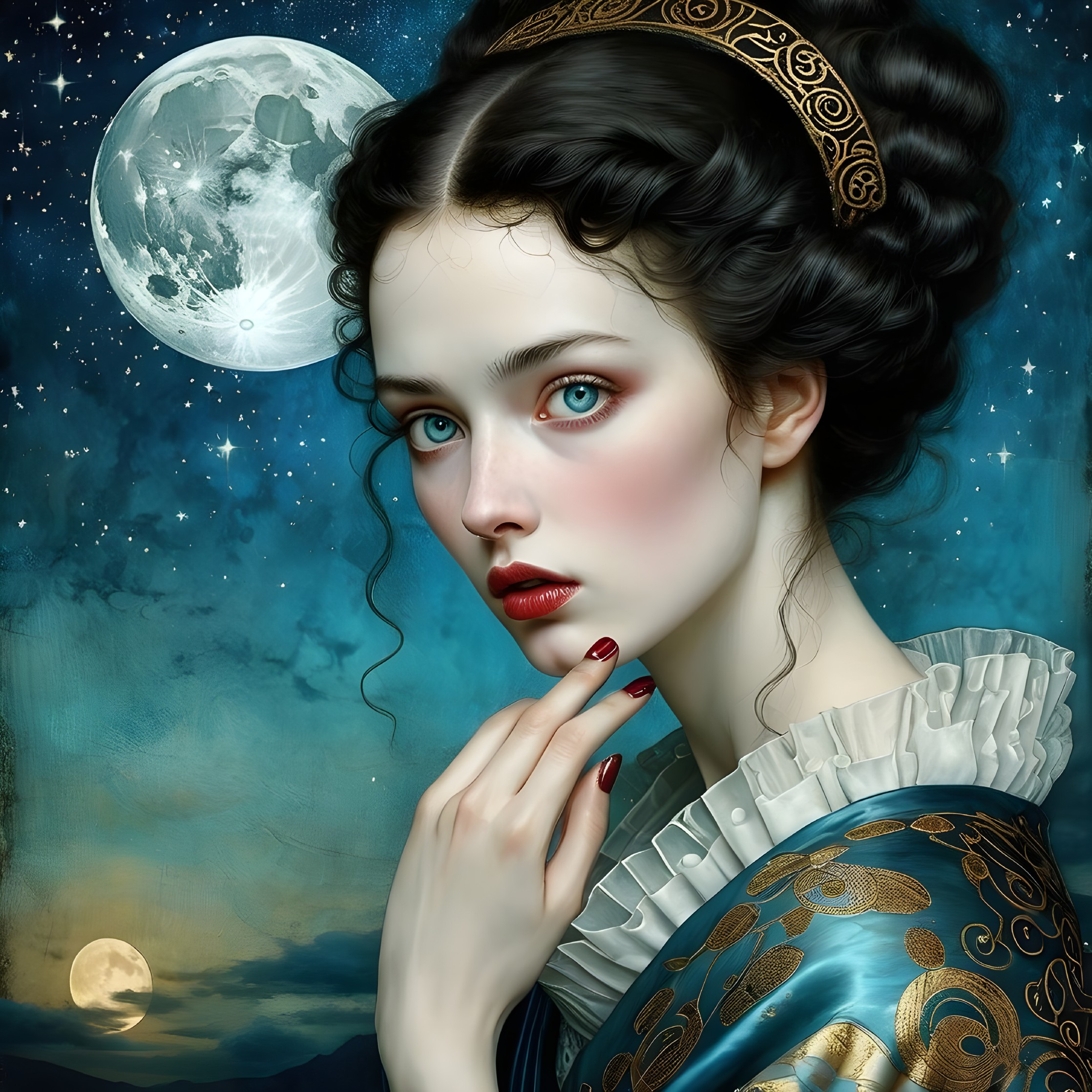 Portrait of a Woman with Blue Eyes and Celestial Background