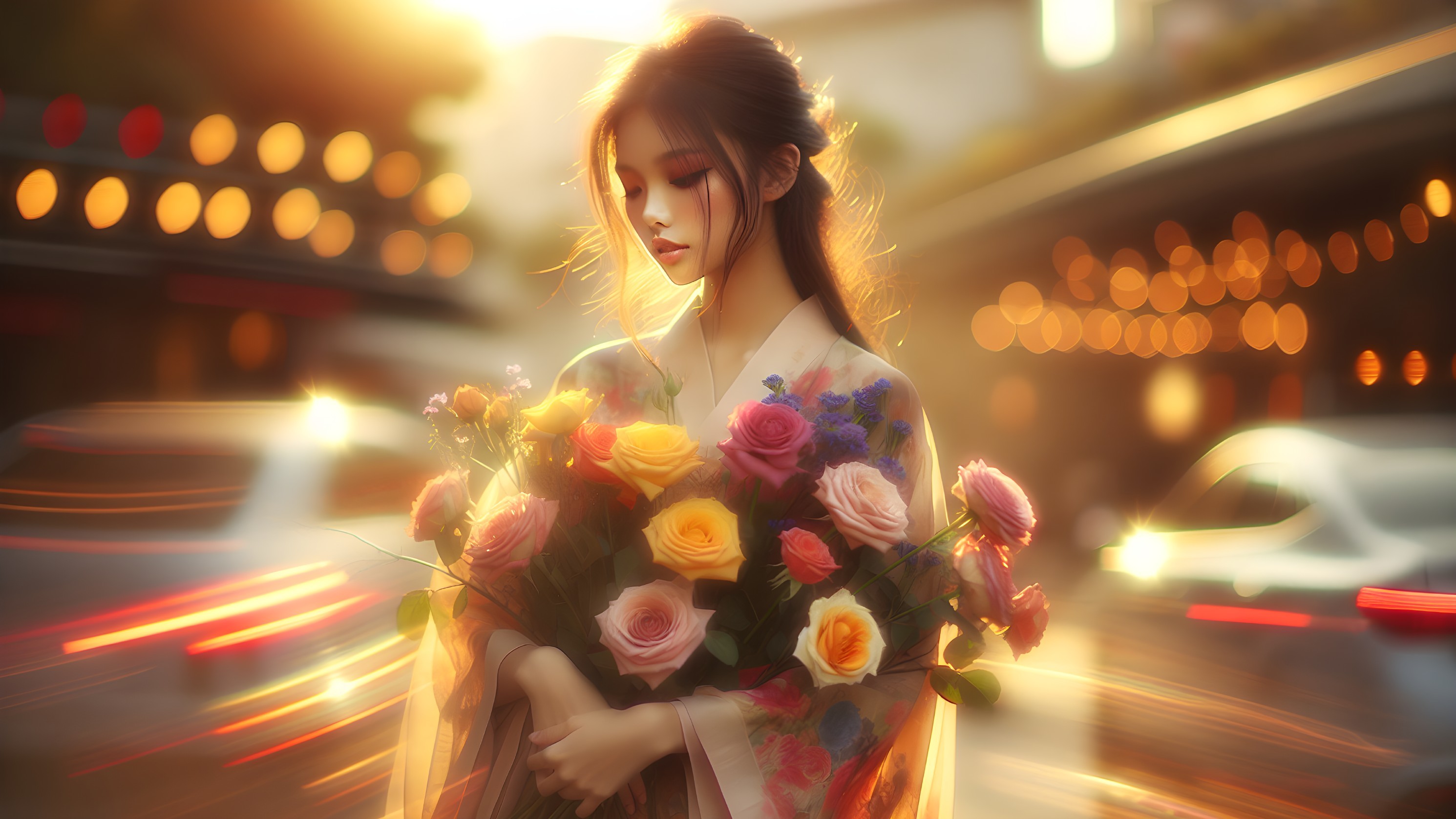 Young Woman in Floral Kimono with Bouquet of Roses