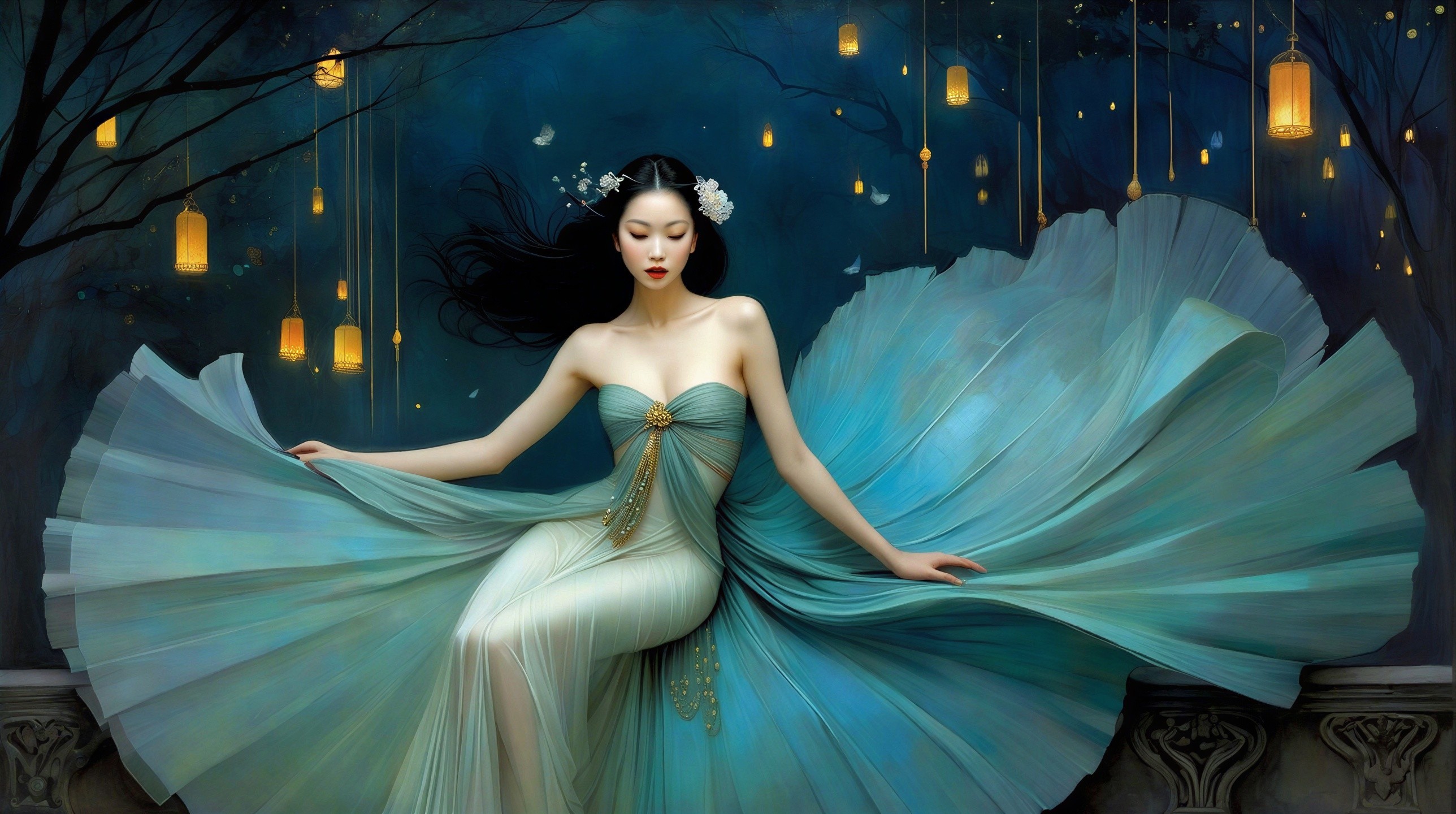 Young Woman in Flowing Teal Dress with Lanterns Background