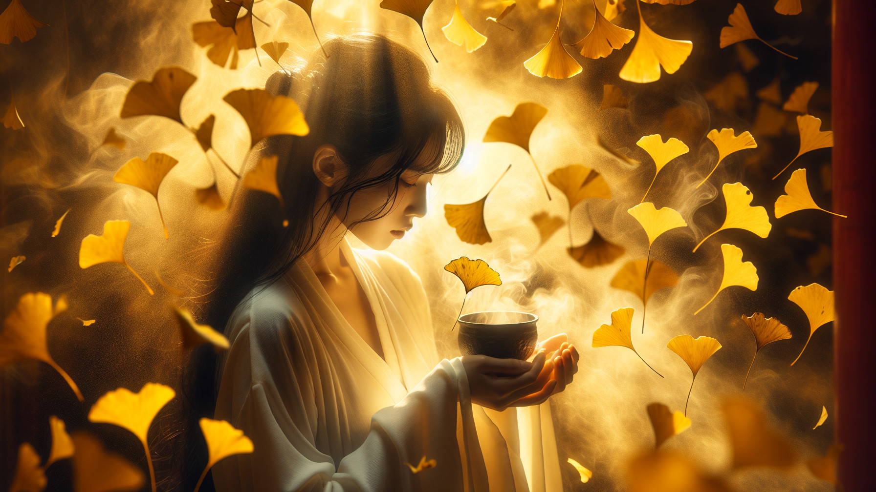 Serene Woman with Cup Surrounded by Ginkgo Leaves
