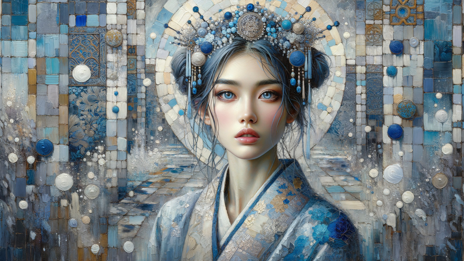 Serene Woman in Traditional Blue and White Attire
