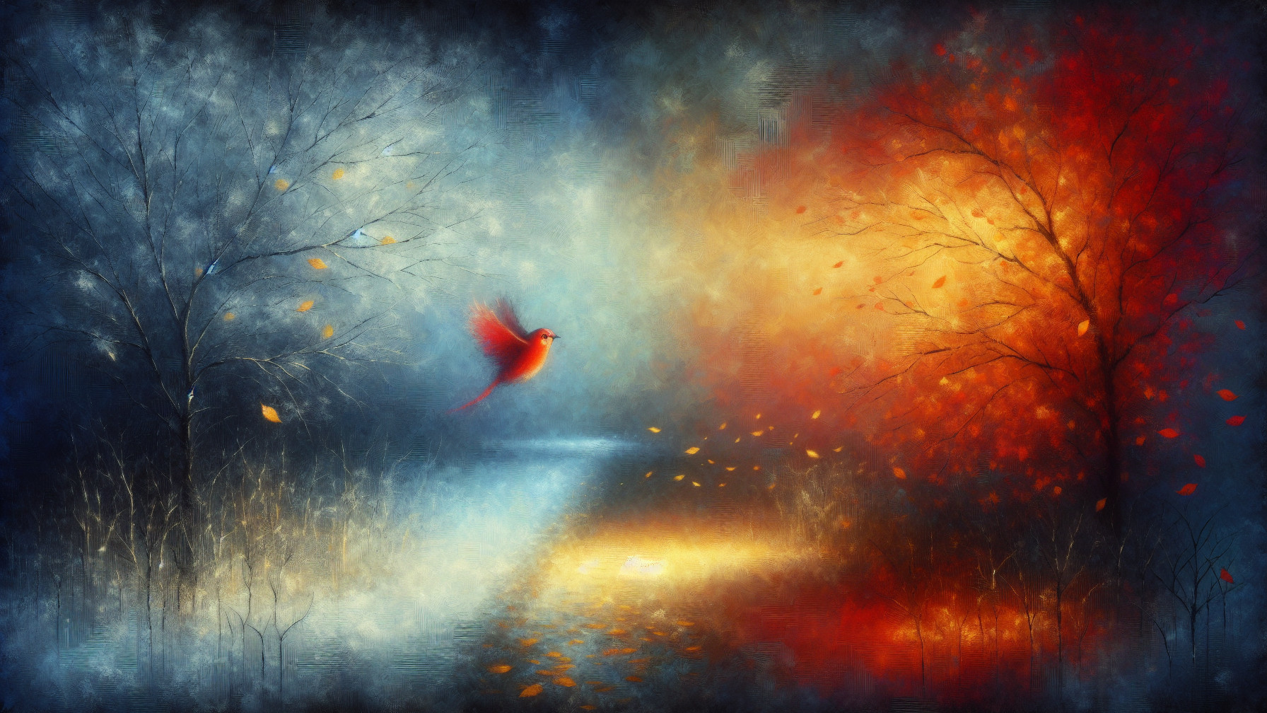 Contrast of Winter and Autumn in Vibrant Artwork
