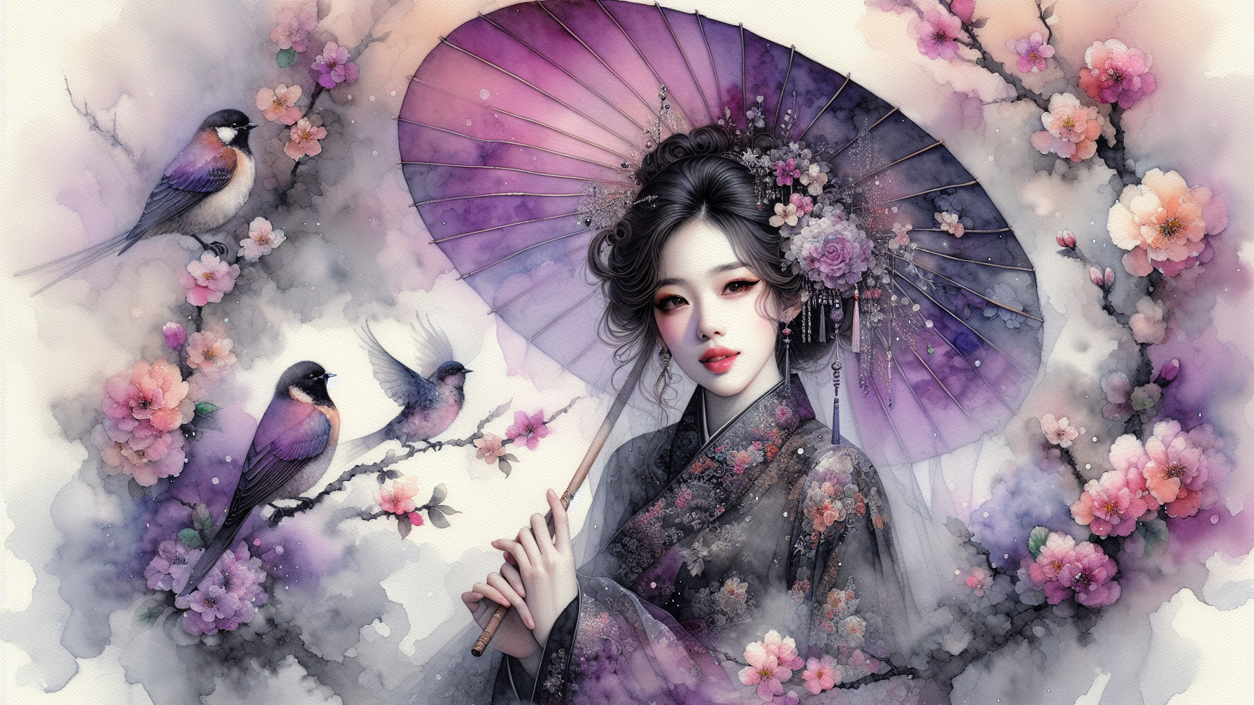 Serene Woman in Traditional Attire with Floral Parasol