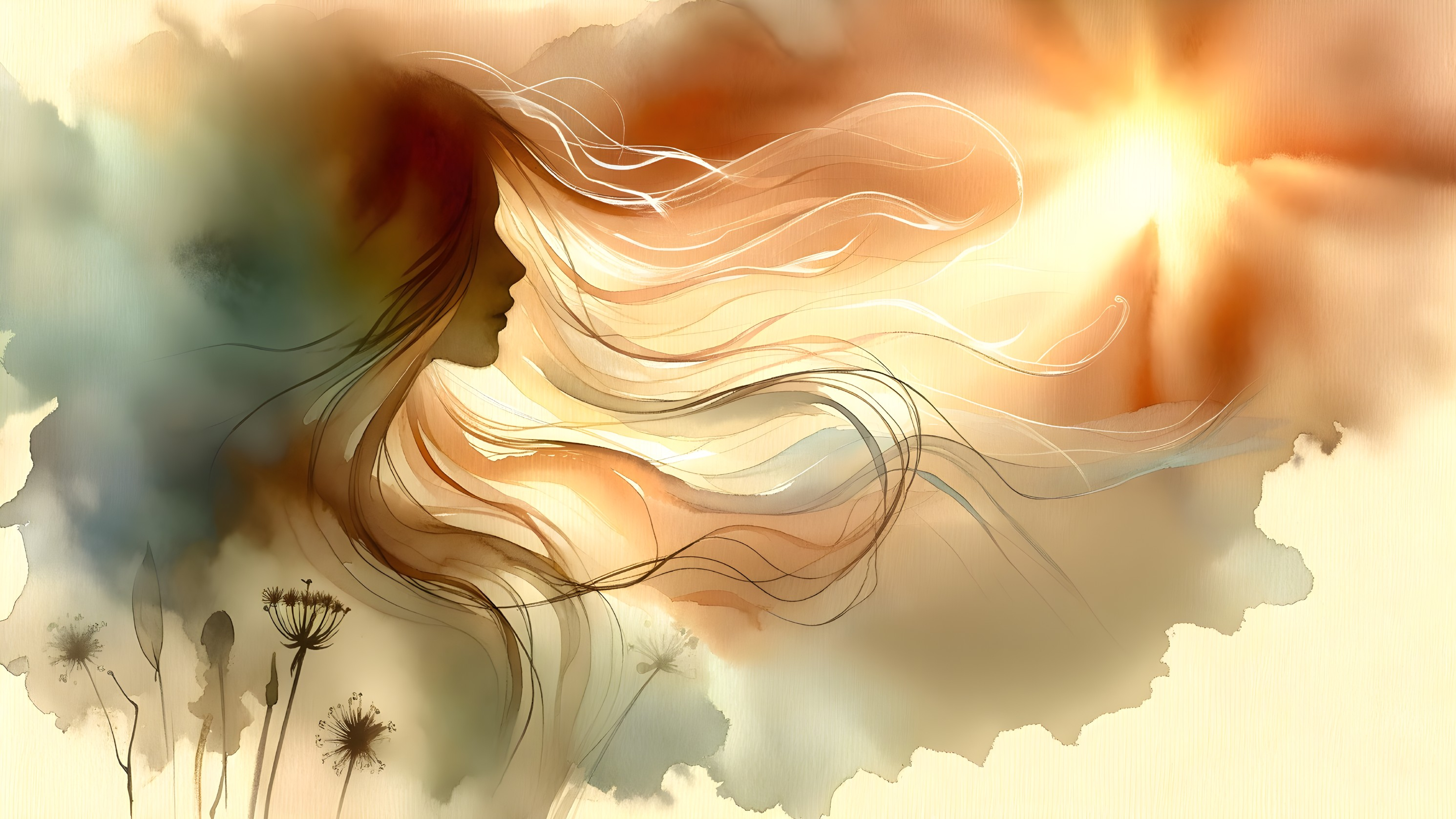 Whimsical Silhouette of Woman in Watercolor Sunset