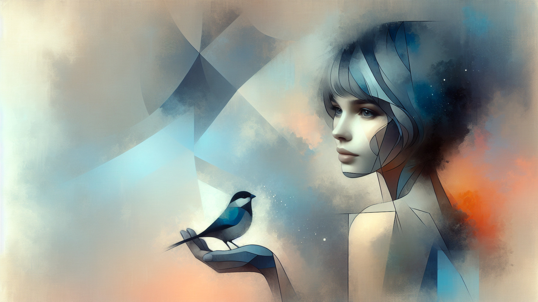 Stylized portrait of a woman with a blue bird