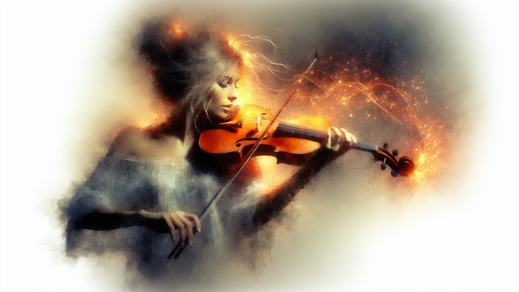 Ethereal Woman Playing Violin Surrounded by Flames