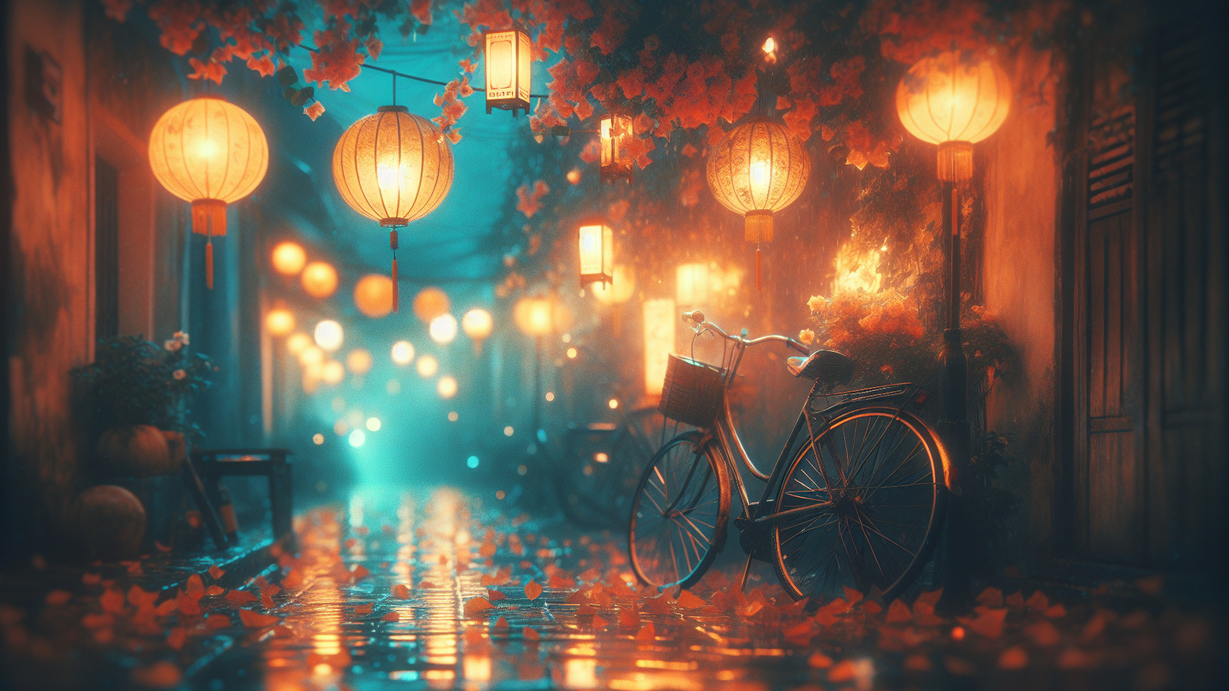 Serene Alleyway with Lanterns and Autumn Leaves