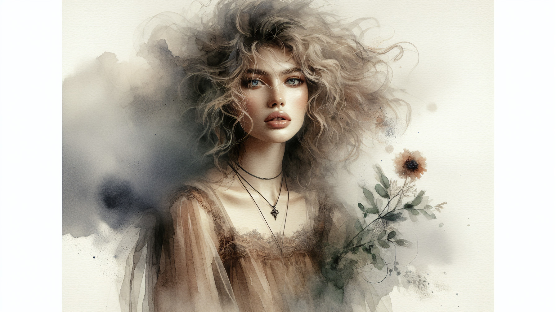 Portrait of a Young Woman with Curly Hair and Flower