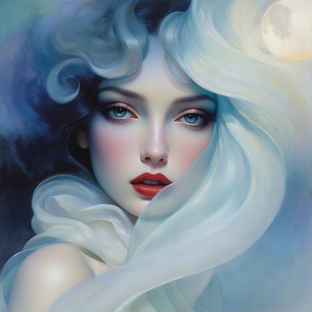 Ethereal Portrait of a Woman with Blue Eyes and Moon