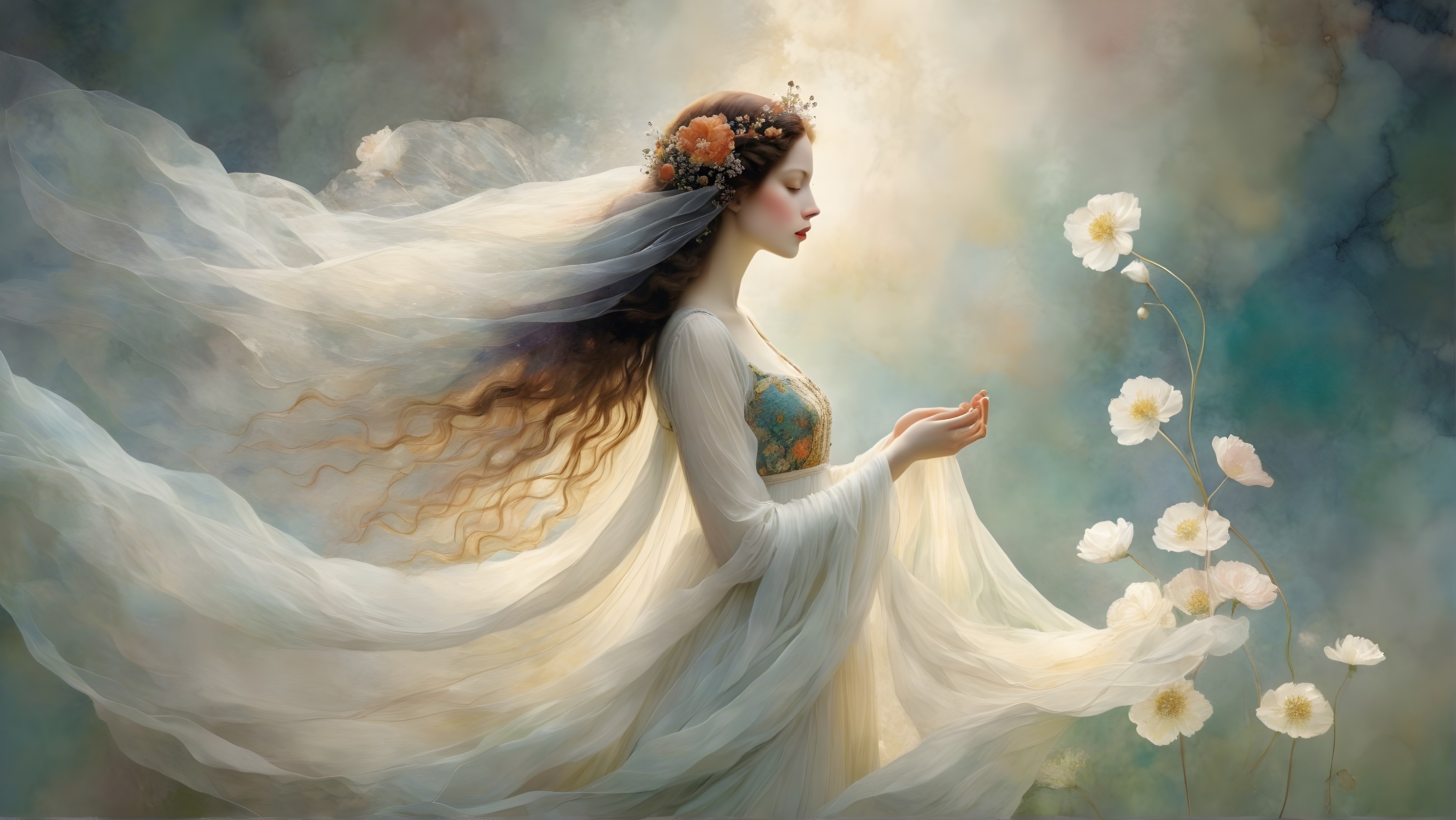 Serene Woman in Ethereal Fabrics with Blossoms