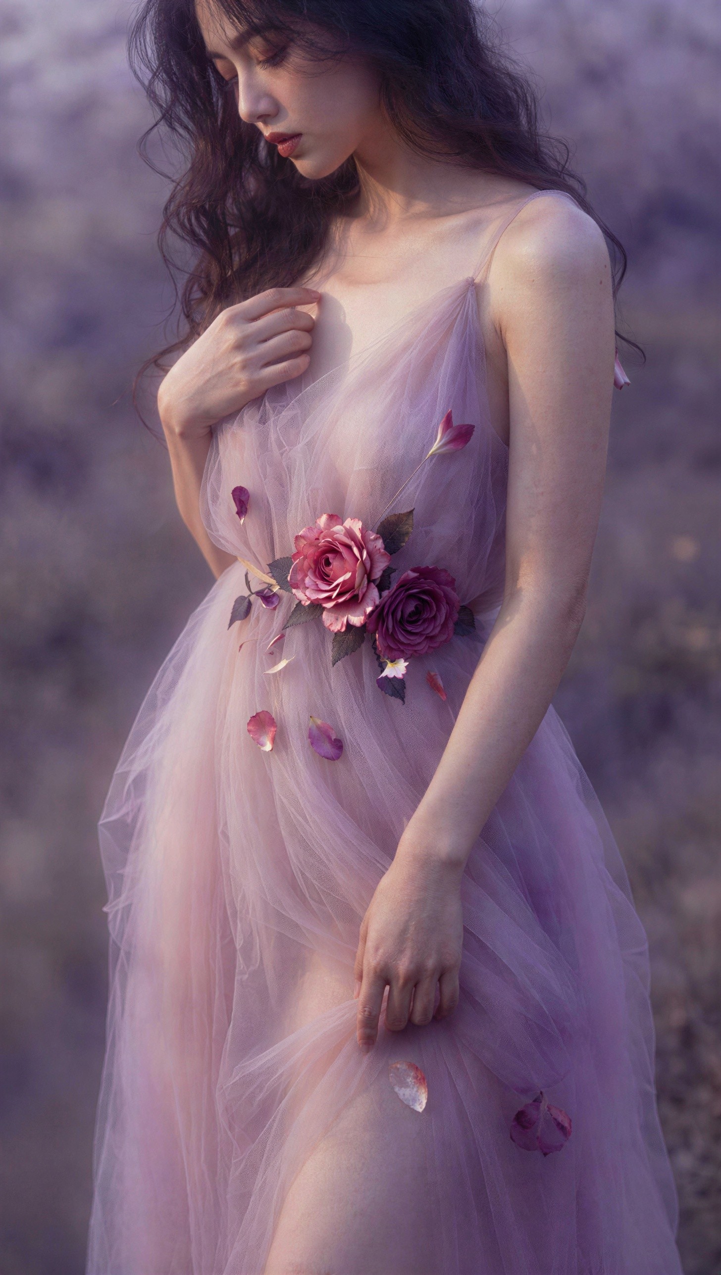 Close-Up of Young Woman in Lavender Tulle Dress