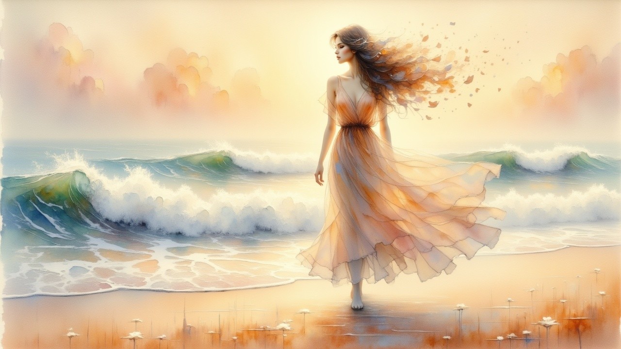 Woman in Light Dress Walking Along Tranquil Shoreline