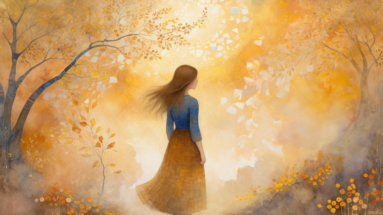 Young girl in a golden-hued serene landscape