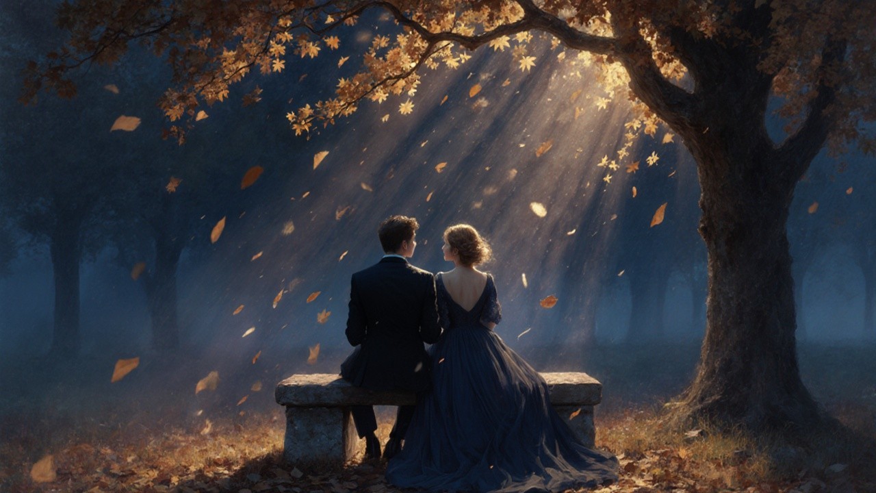 Couple in Elegant Attire Beneath Autumn Tree