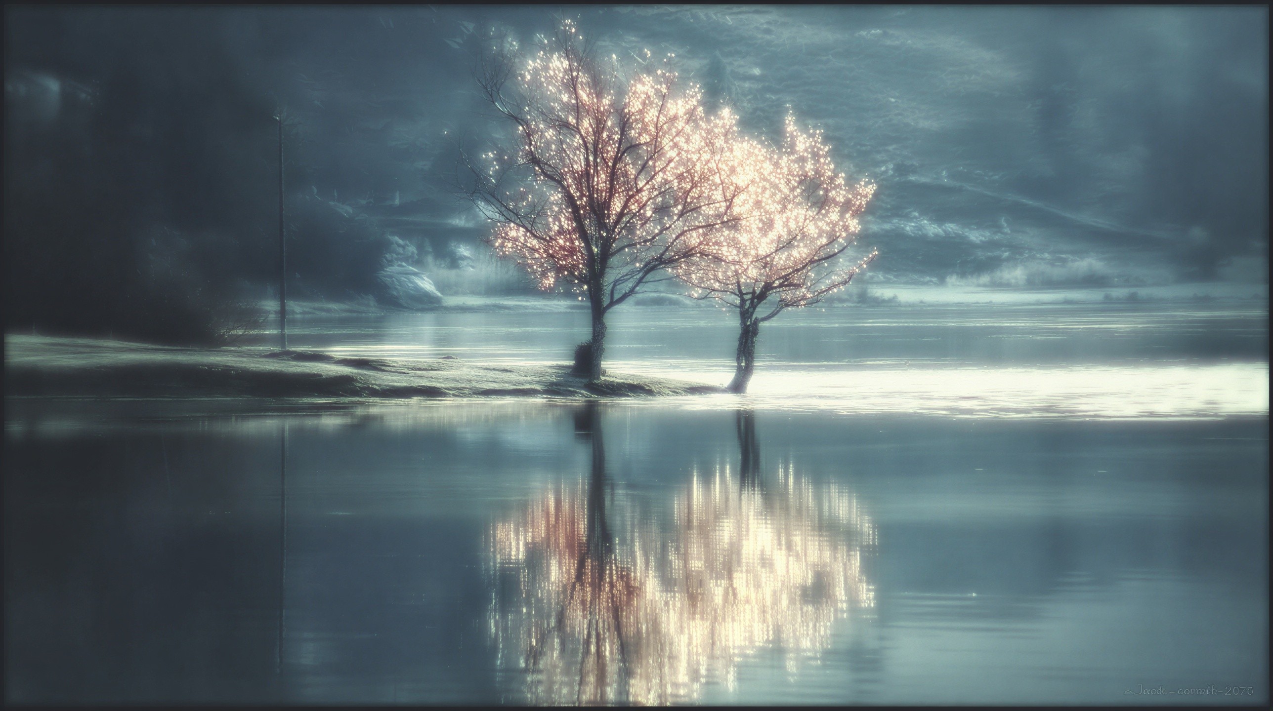 Serene Landscape with Blossoming Trees and Reflections