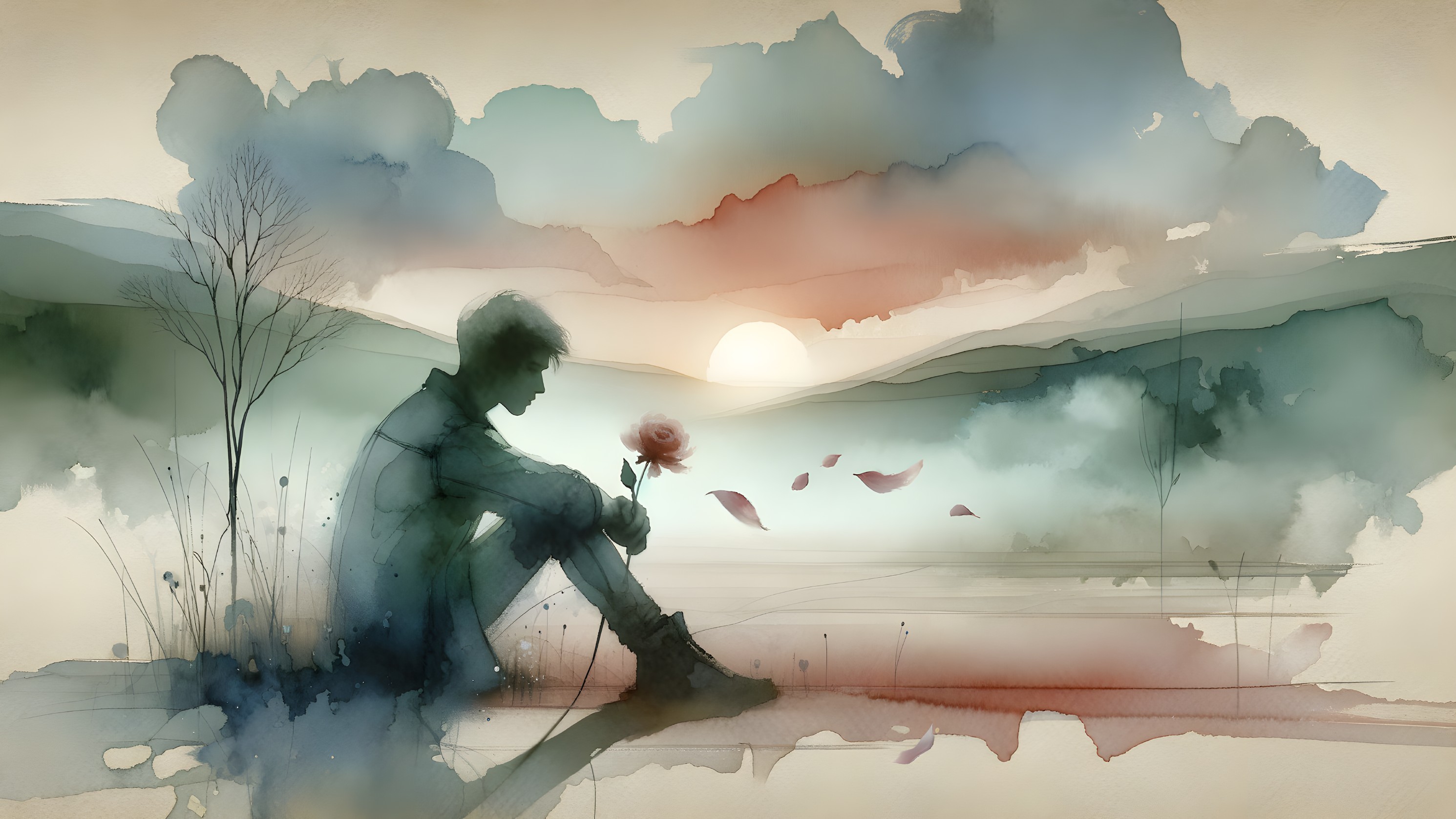 Watercolor Scene of Figure by Serene Lake at Sunset