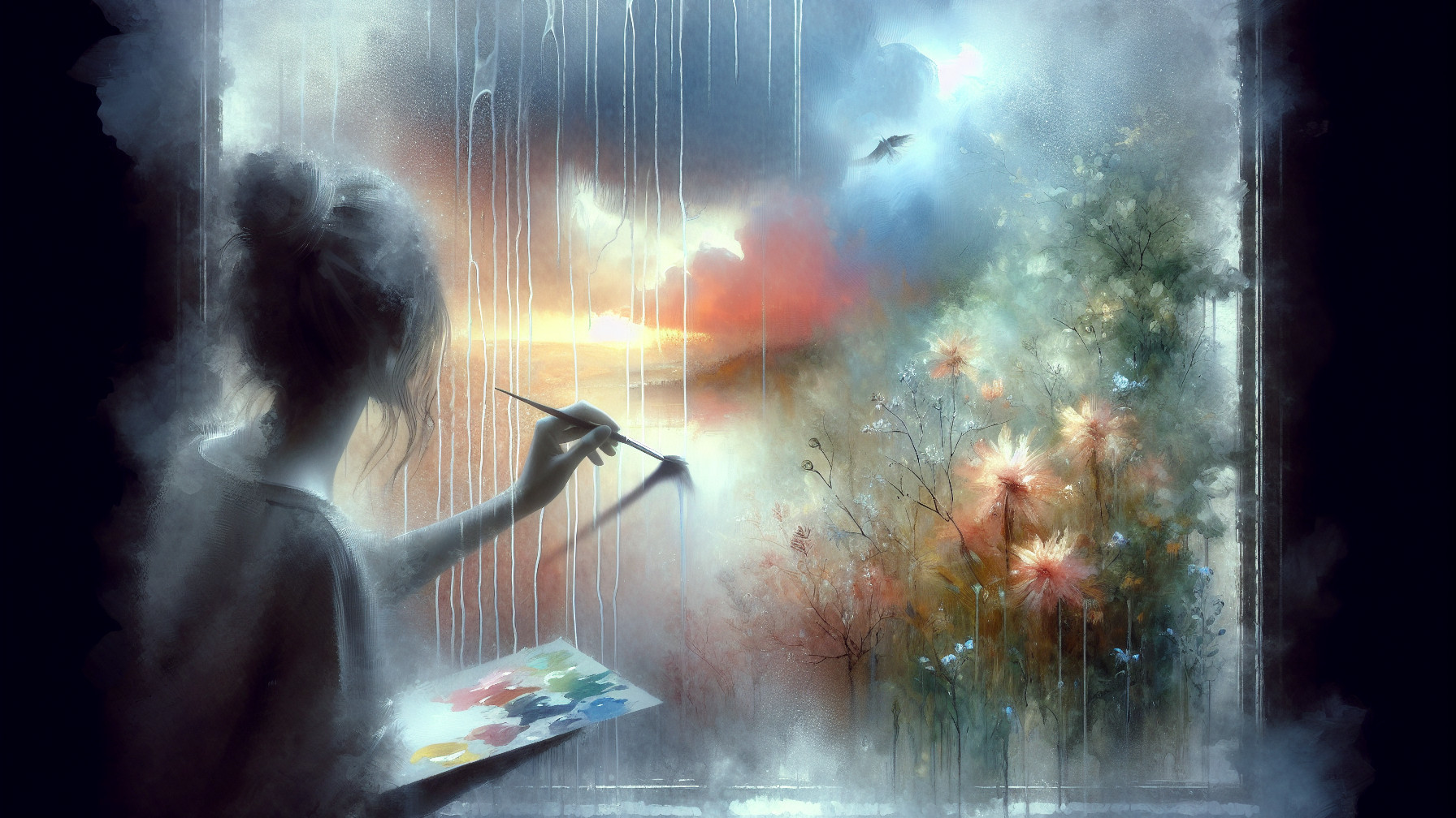 Contemplative Artist Painting Vibrant Landscape Scene