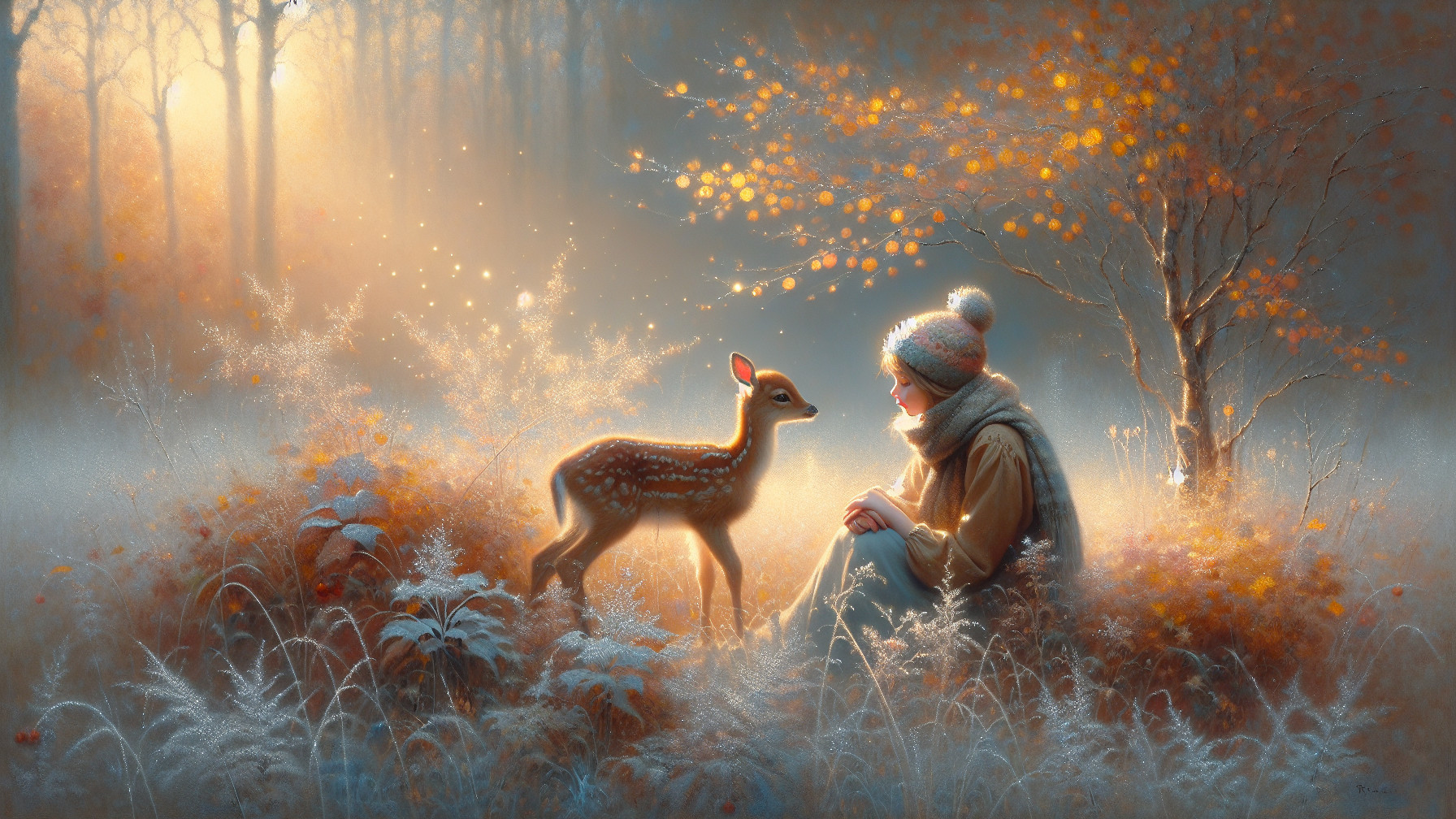 Young Woman and Fawn in Serene Autumn Forest