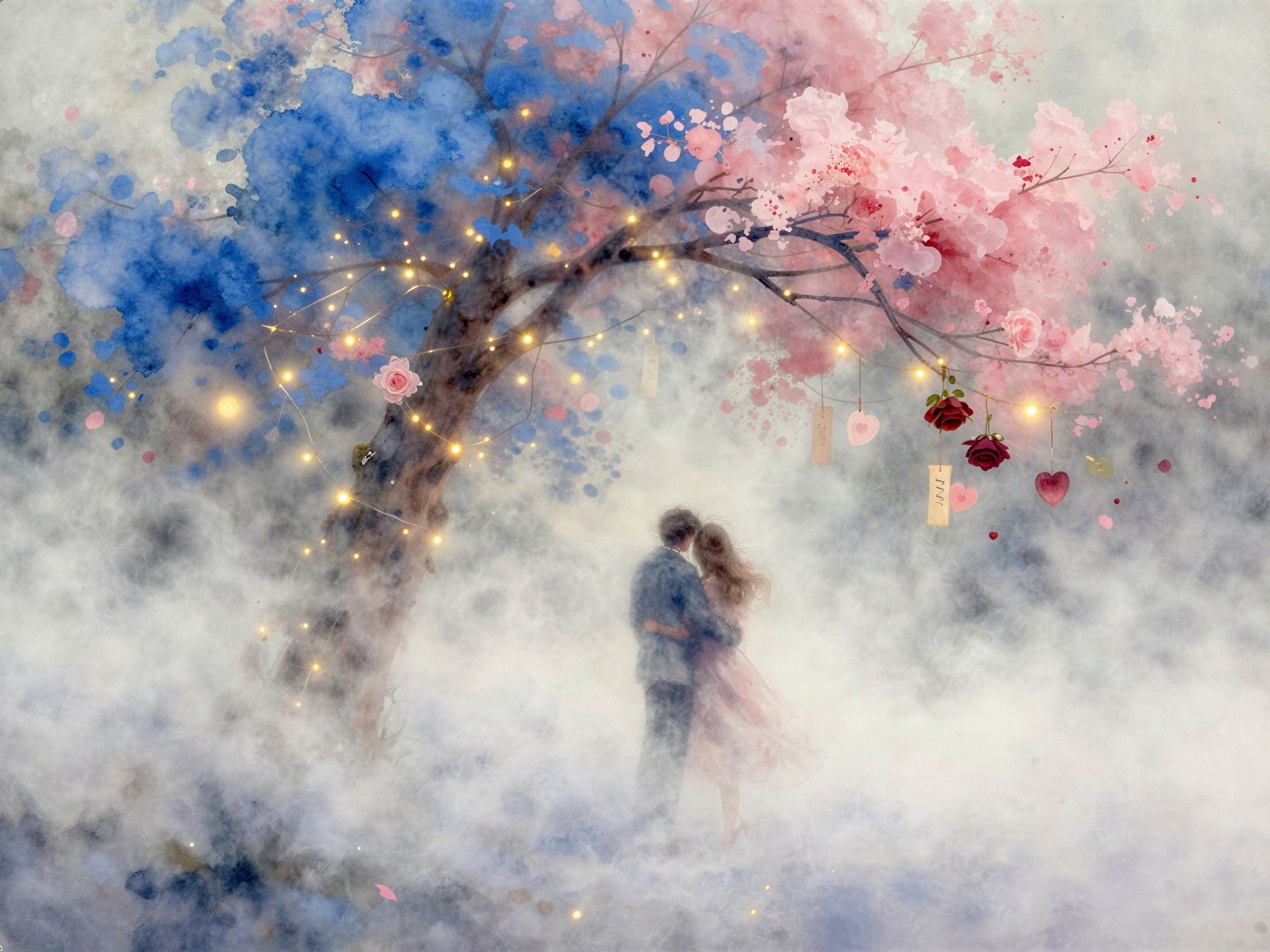 Digital Watercolor of Couple Under Magical Tree