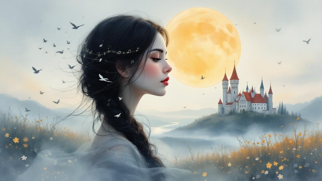 Serene landscape with woman, castle, and moonlit sky