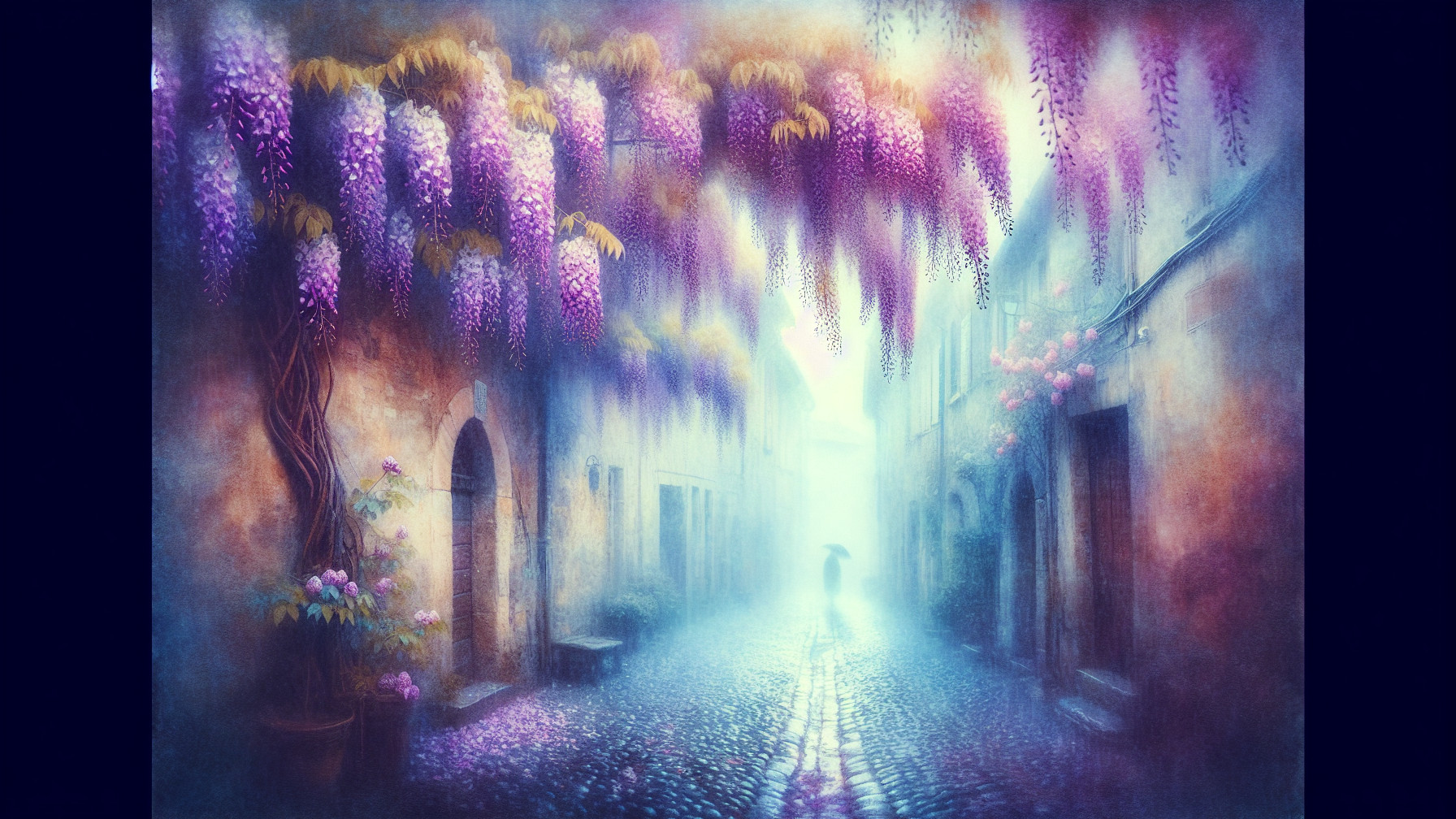 Misty Cobblestone Street with Wisteria Blossoms