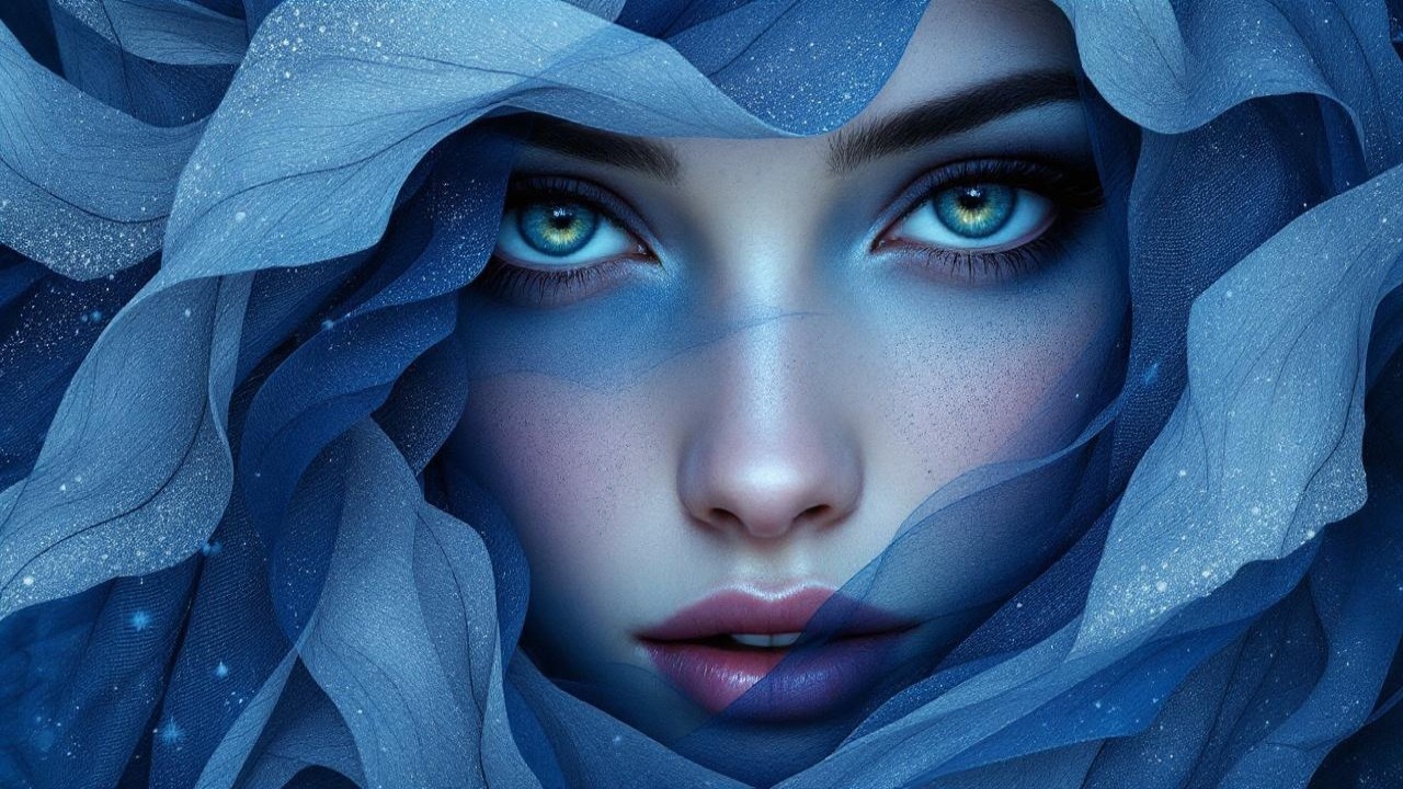 Close-up of a woman in flowing blue fabric and soft light