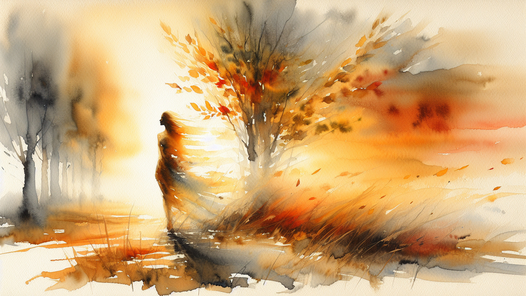 Watercolor Silhouette of Woman in Autumn Foliage