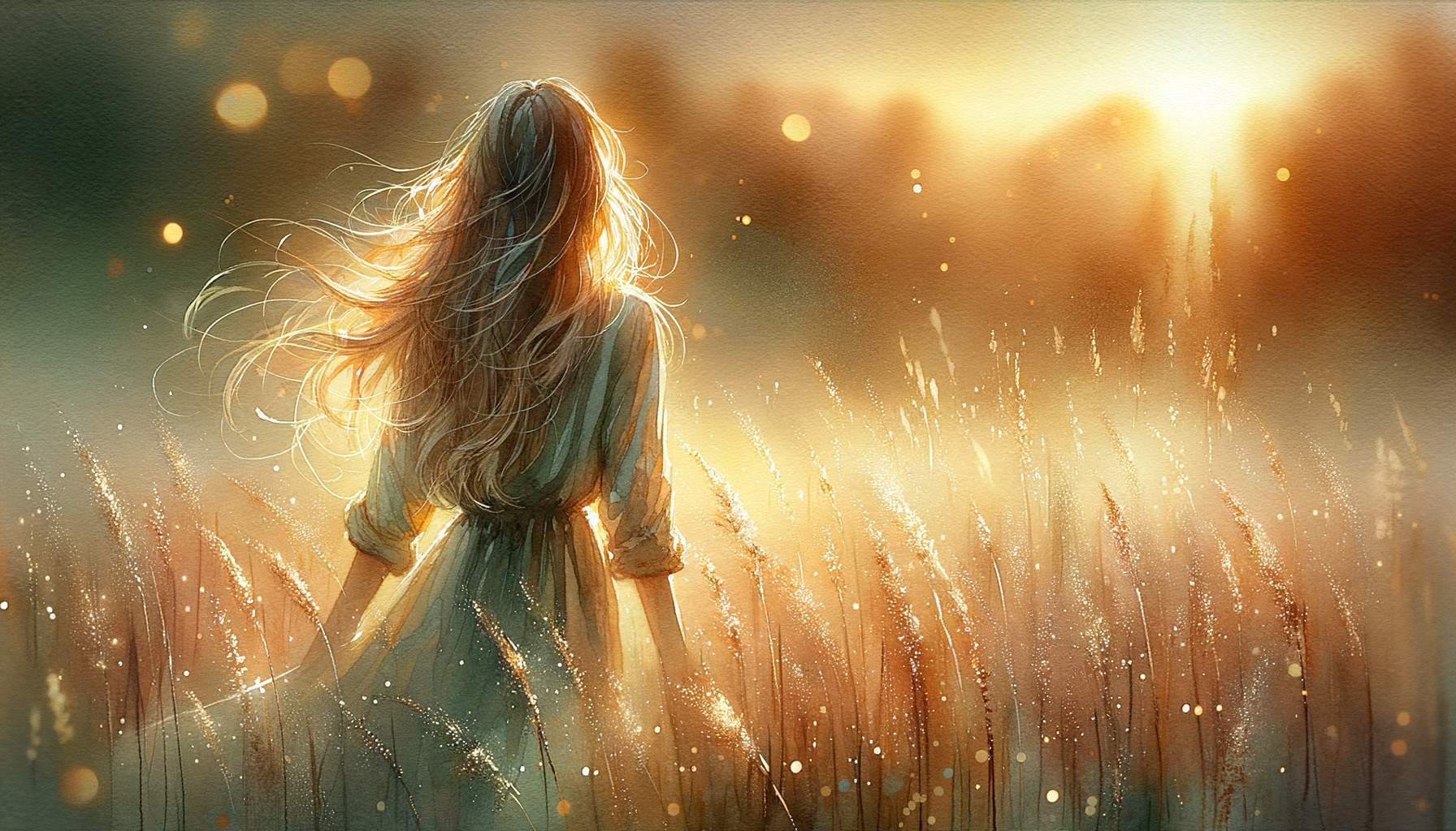 Woman in a golden field at sunset with flowing hair