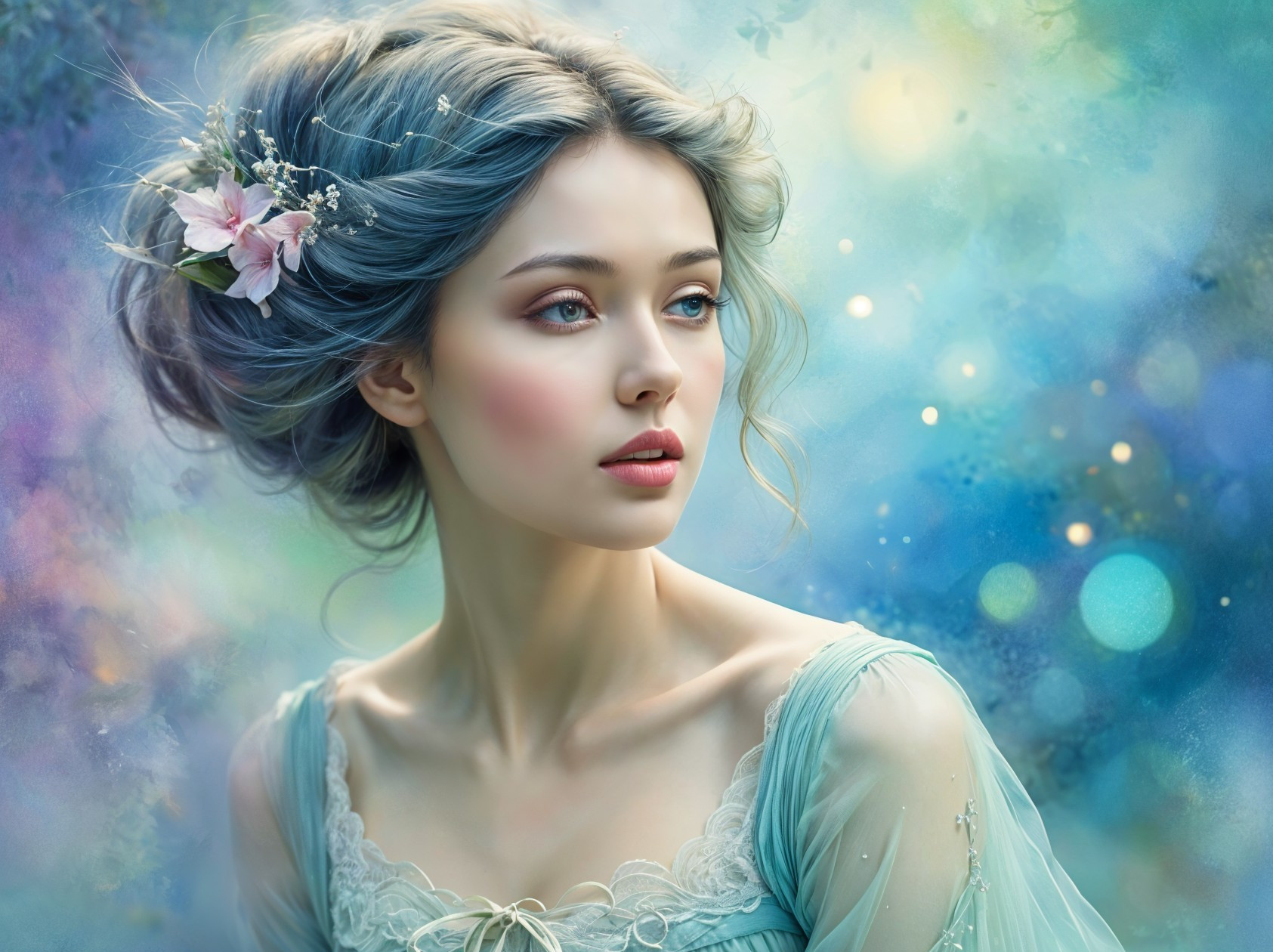 Young woman in blue gown with flowers in hair