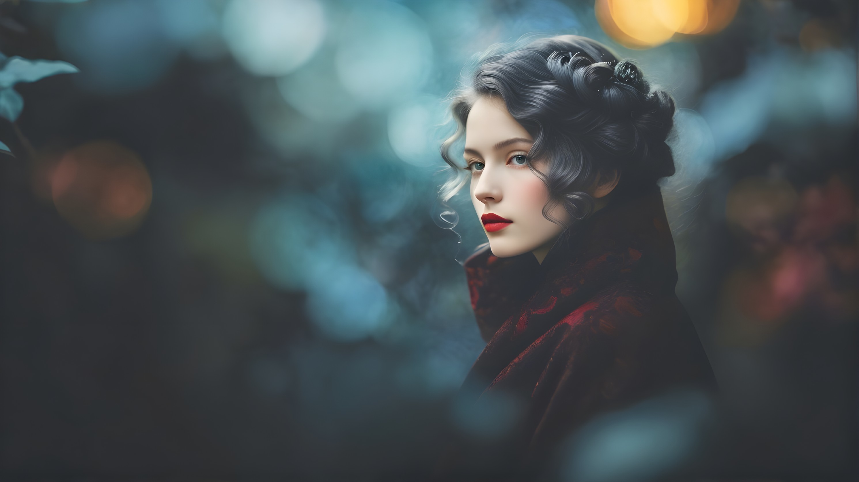 Young woman in red cloak with ethereal background