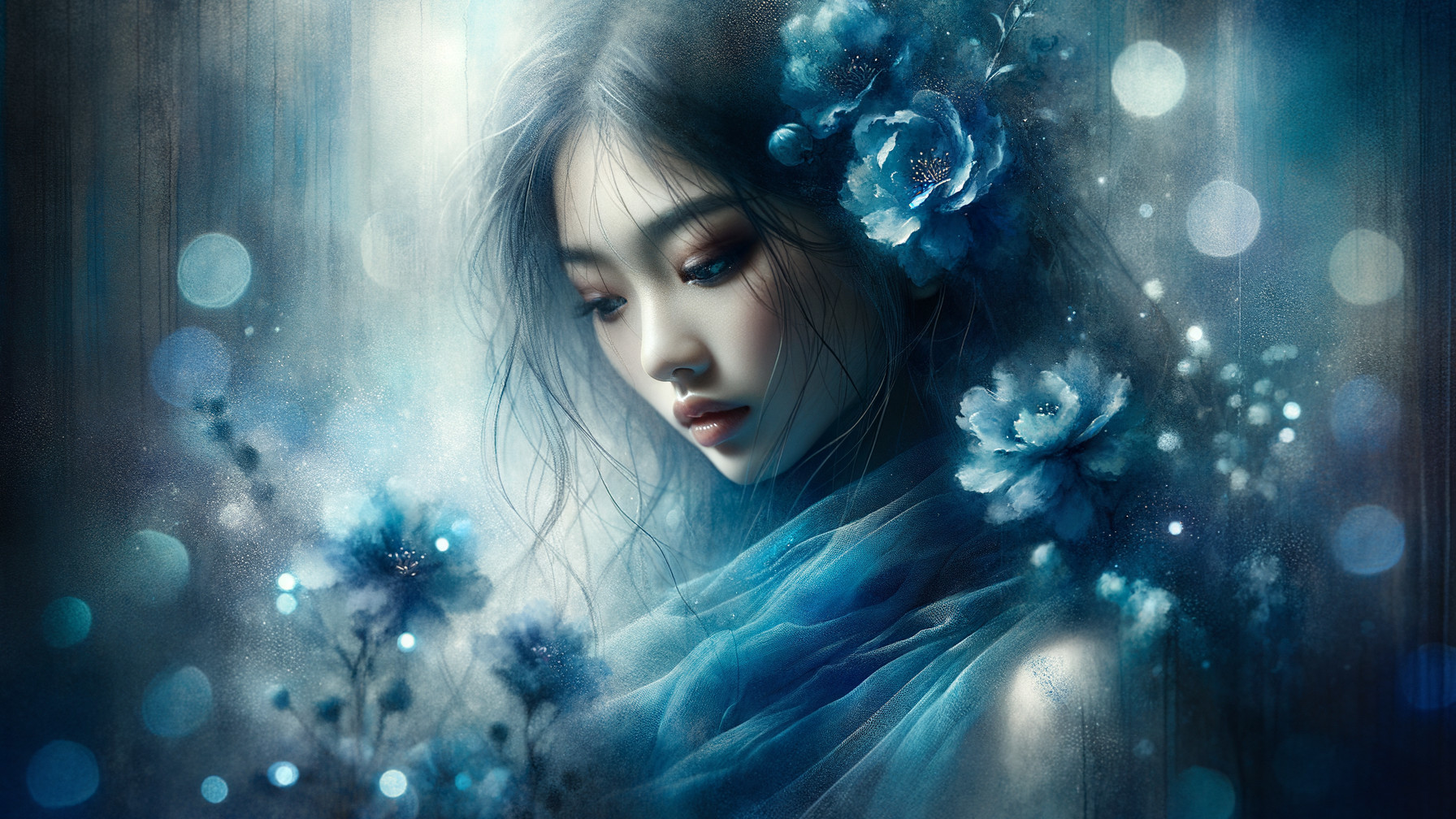 Portrait of a woman with flowing hair and blue flowers