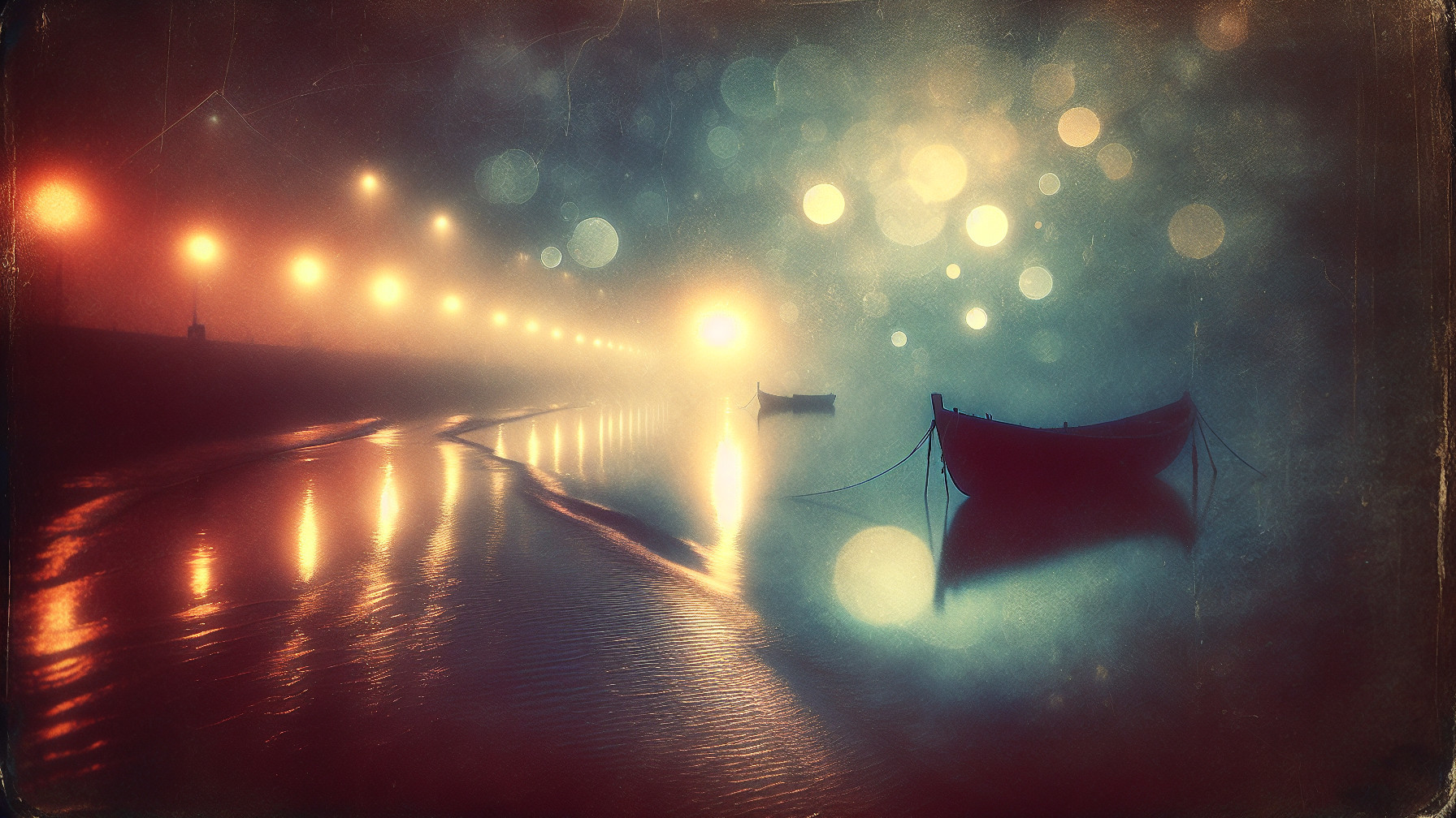 Misty Shoreline with Boats and Glowing Streetlights