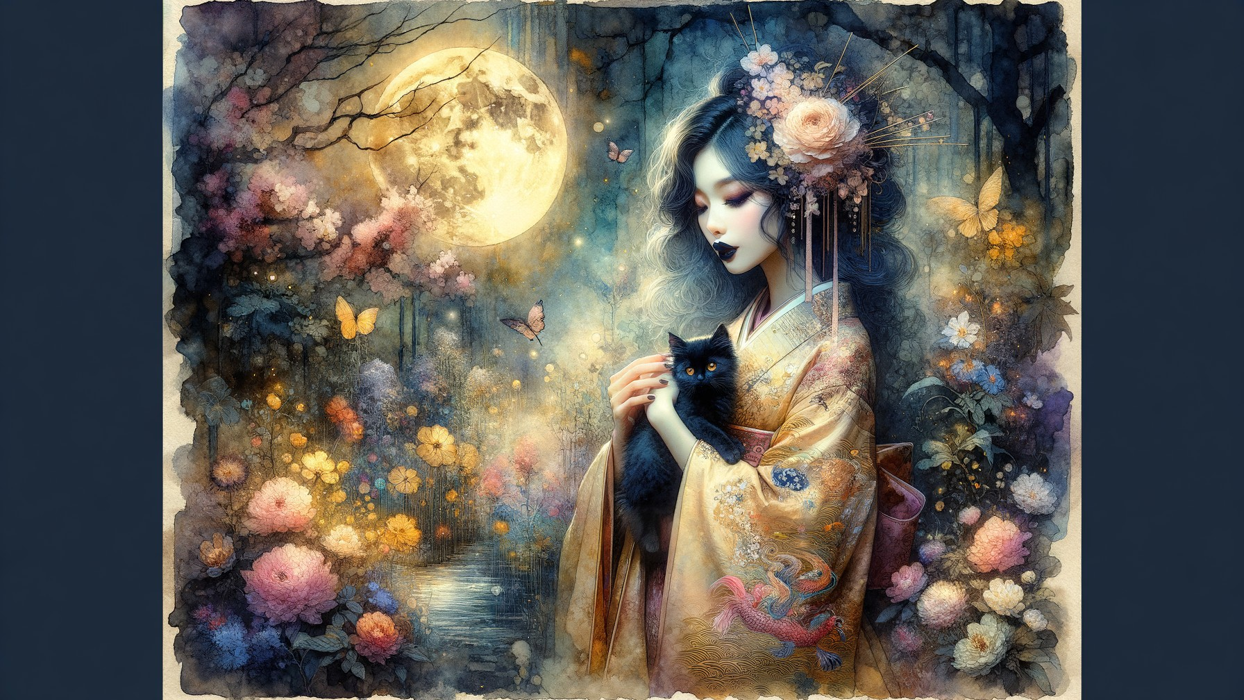 Woman in Kimono with Cat in Moonlit Landscape