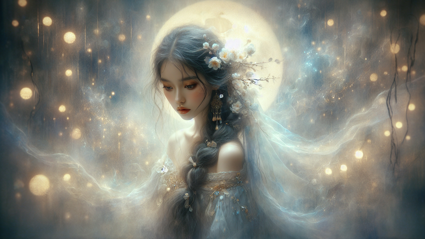 Serene figure in dreamy moonlit backdrop with flowers