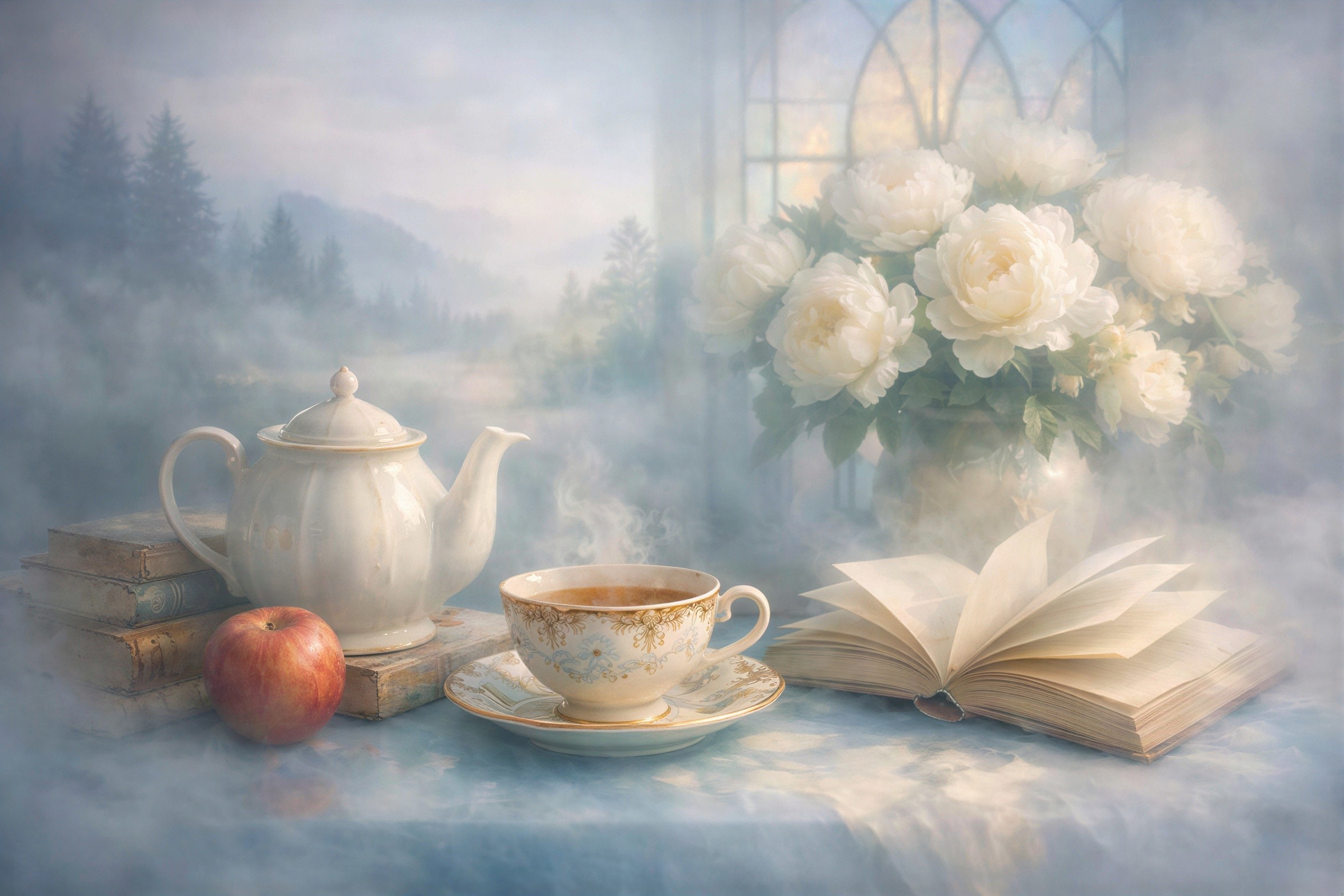Ethereal Still Life with Teapot, Apple, and Flowers