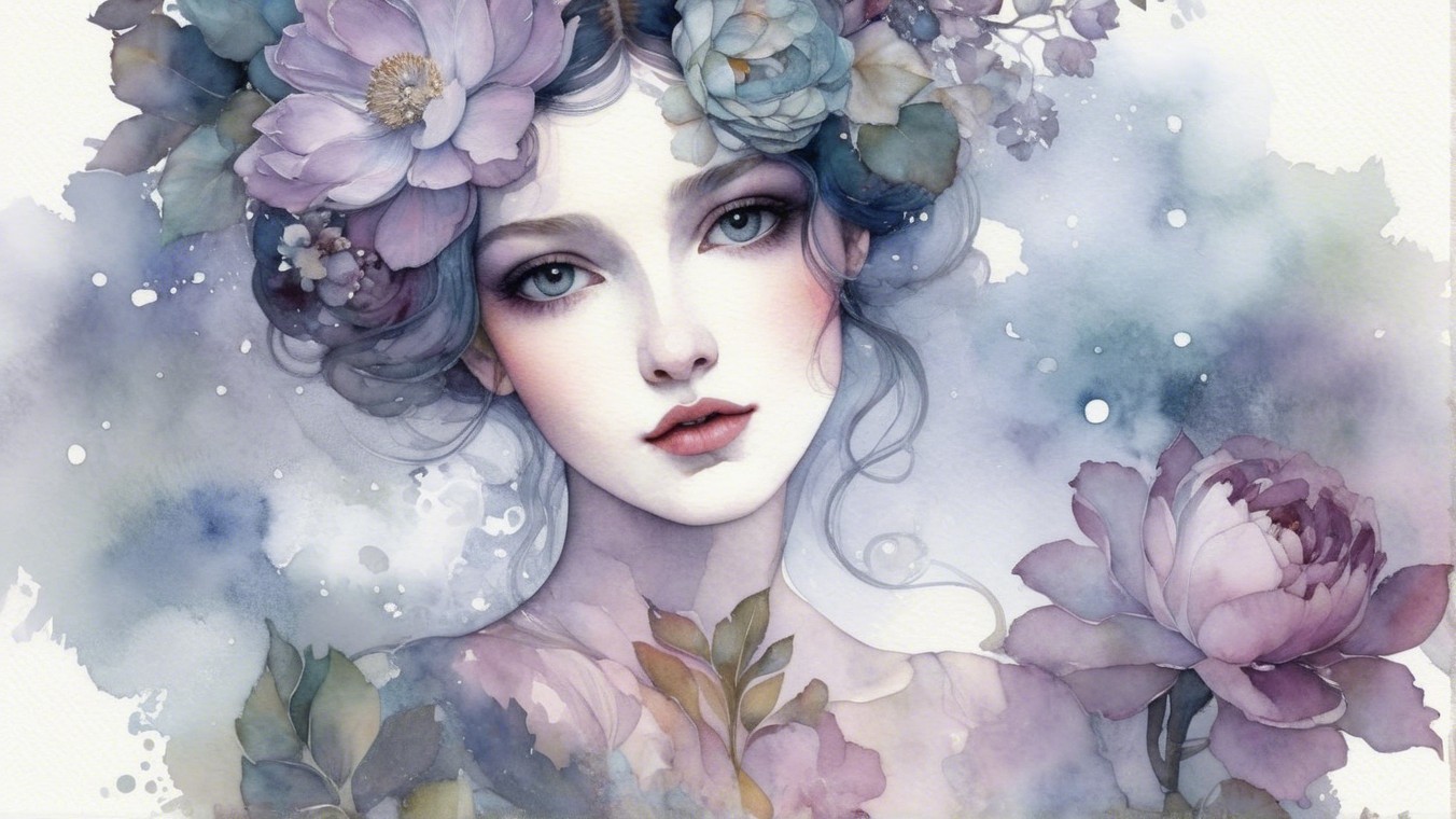 Watercolor Portrait of Woman with Floral Crown