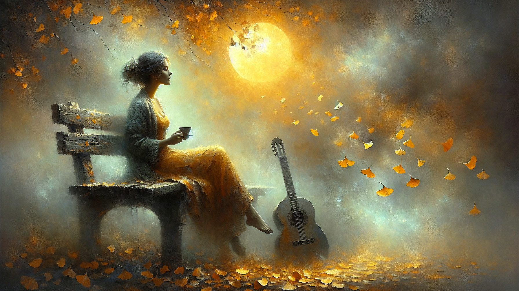 Serene Woman on Bench Under Moonlit Autumn Scene