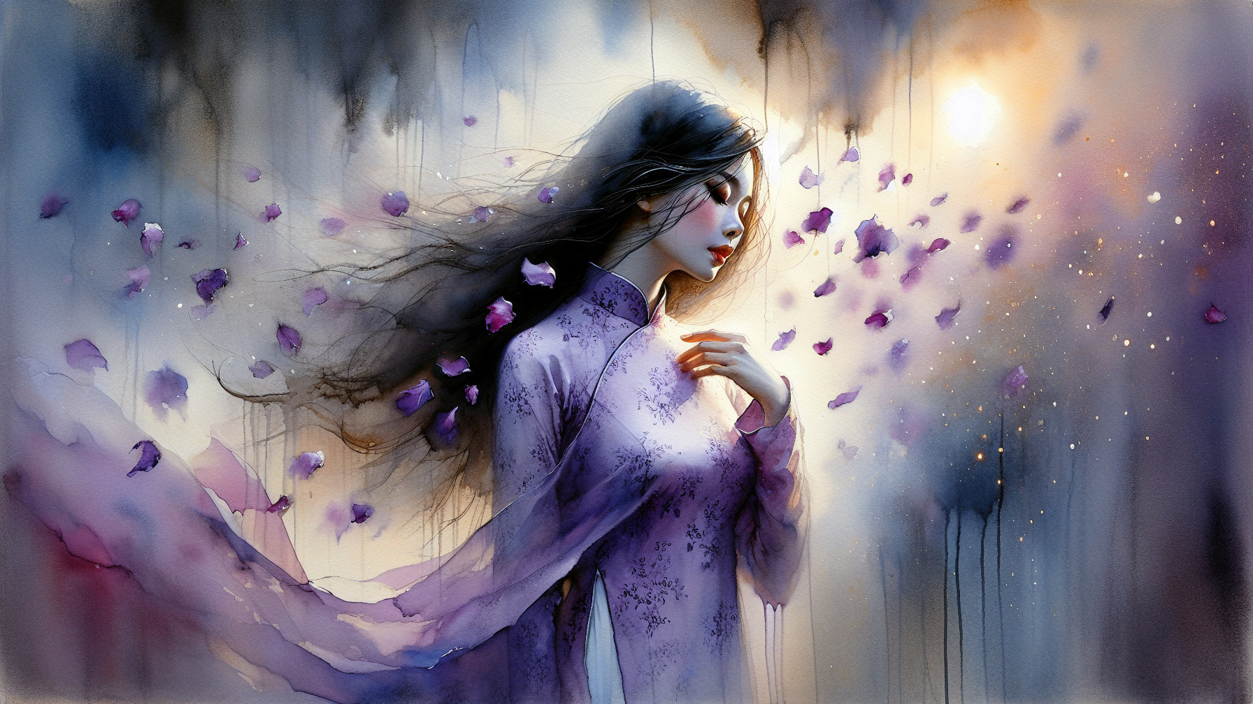 Serene Woman in Purple Dress Surrounded by Petals